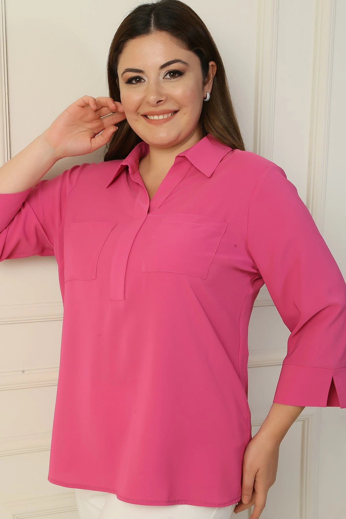 Image of Polo Collar Pocketed Quarter Sleeve BB Blouse