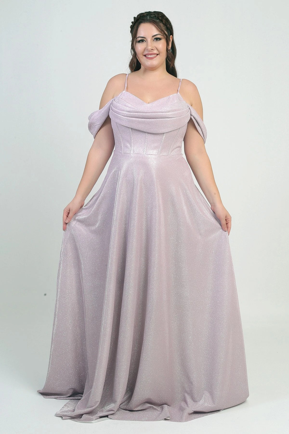 Image of Women's Strappy, Back Lace-Up, Bust Draped, Lined, Underwired, Plus Size Glitter Dress