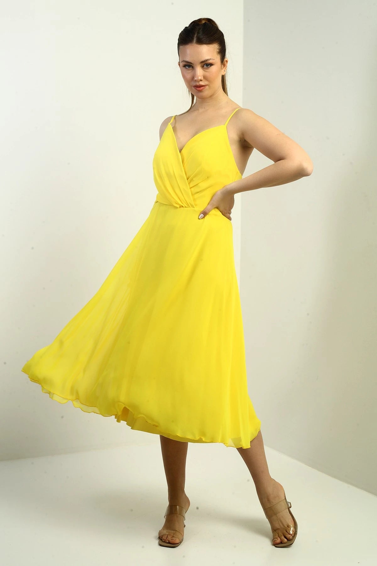 Image of Women's Strappy Wrap Neckline Lined Lace-Up Back Flared Chiffon Dress