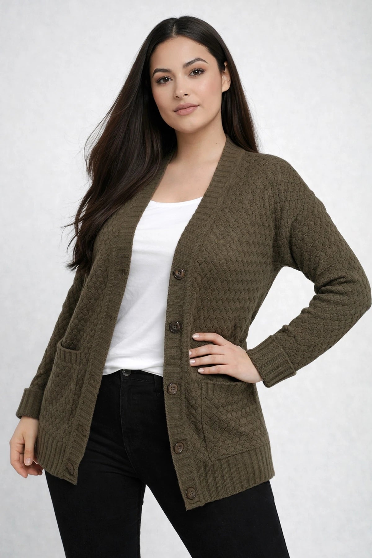 Image of Women's Basket Weave Pattern Pocketed Tunic Cardigan
