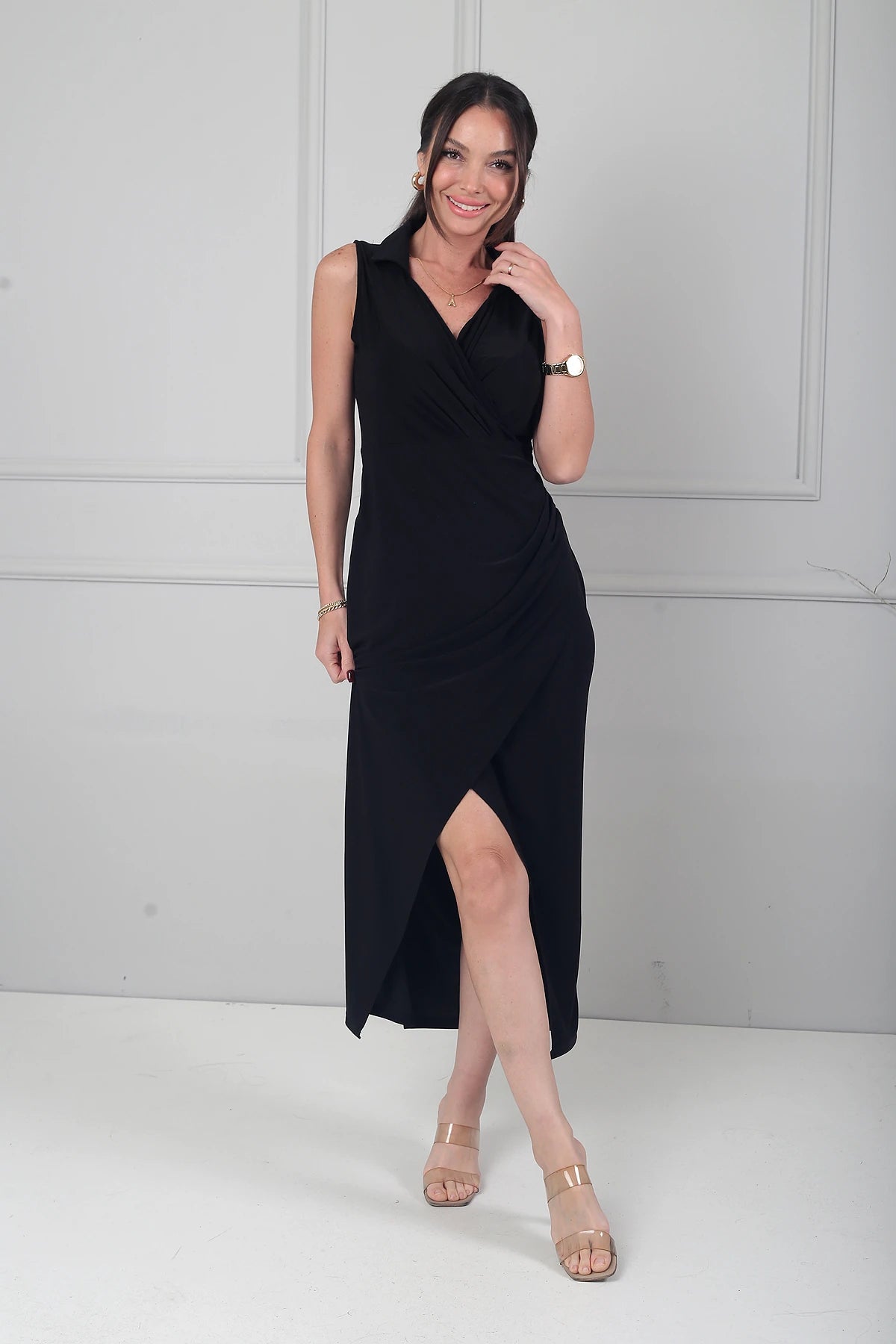 Image of Kadın Polo Kruvaze Yaka Drape Detaylı Likralı Midi Elbise