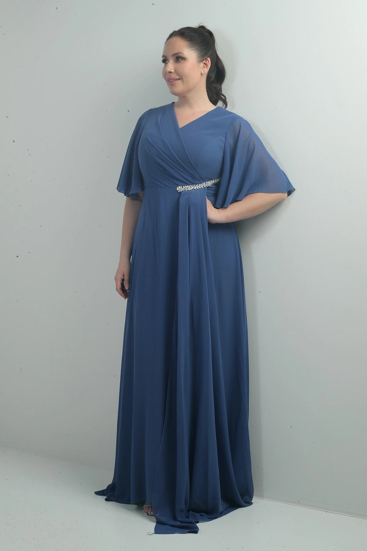 Image of Women's V-Neck, Waistband with Stone Embellishment, Draped, Lined, Plus Size Long Chiffon Dress