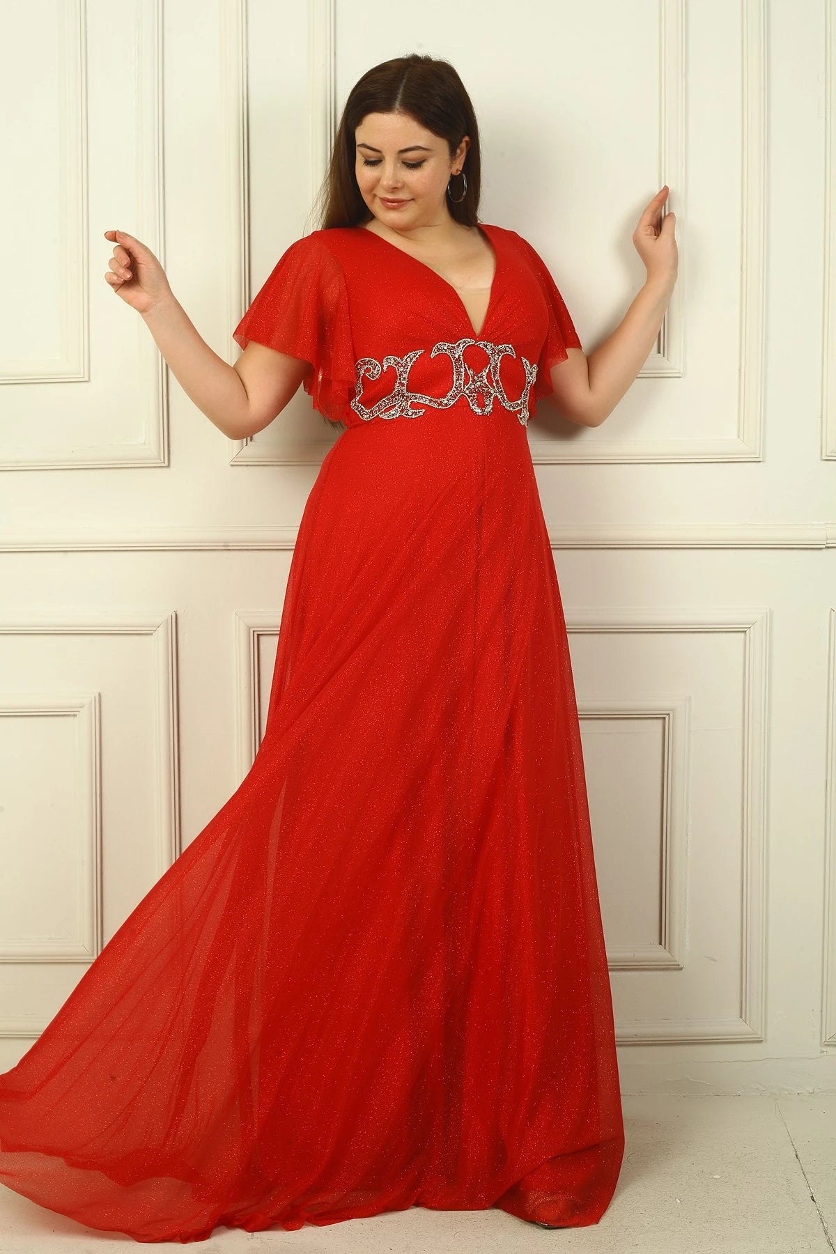 Image of Women's Front and Back V-Neck Waist Embellished, Lined, Glittery Plus Size Evening Dress
