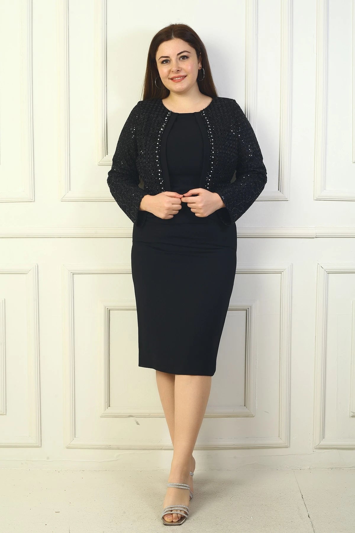 Image of Women's Plus Size Crepe Dress with Lace Jacket Look and Lining