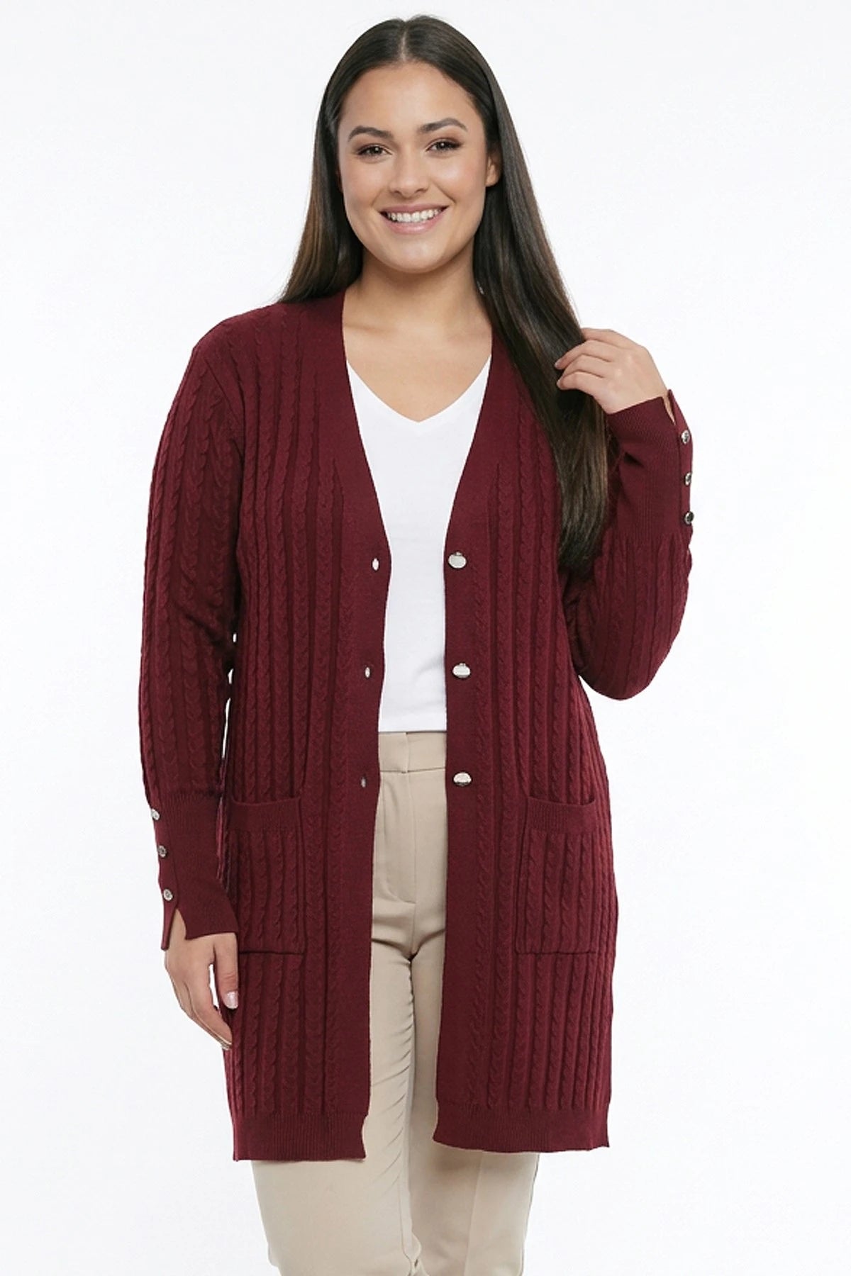 Image of Women's Cable Knit Mercerized Lycra Plus Size Cardigan