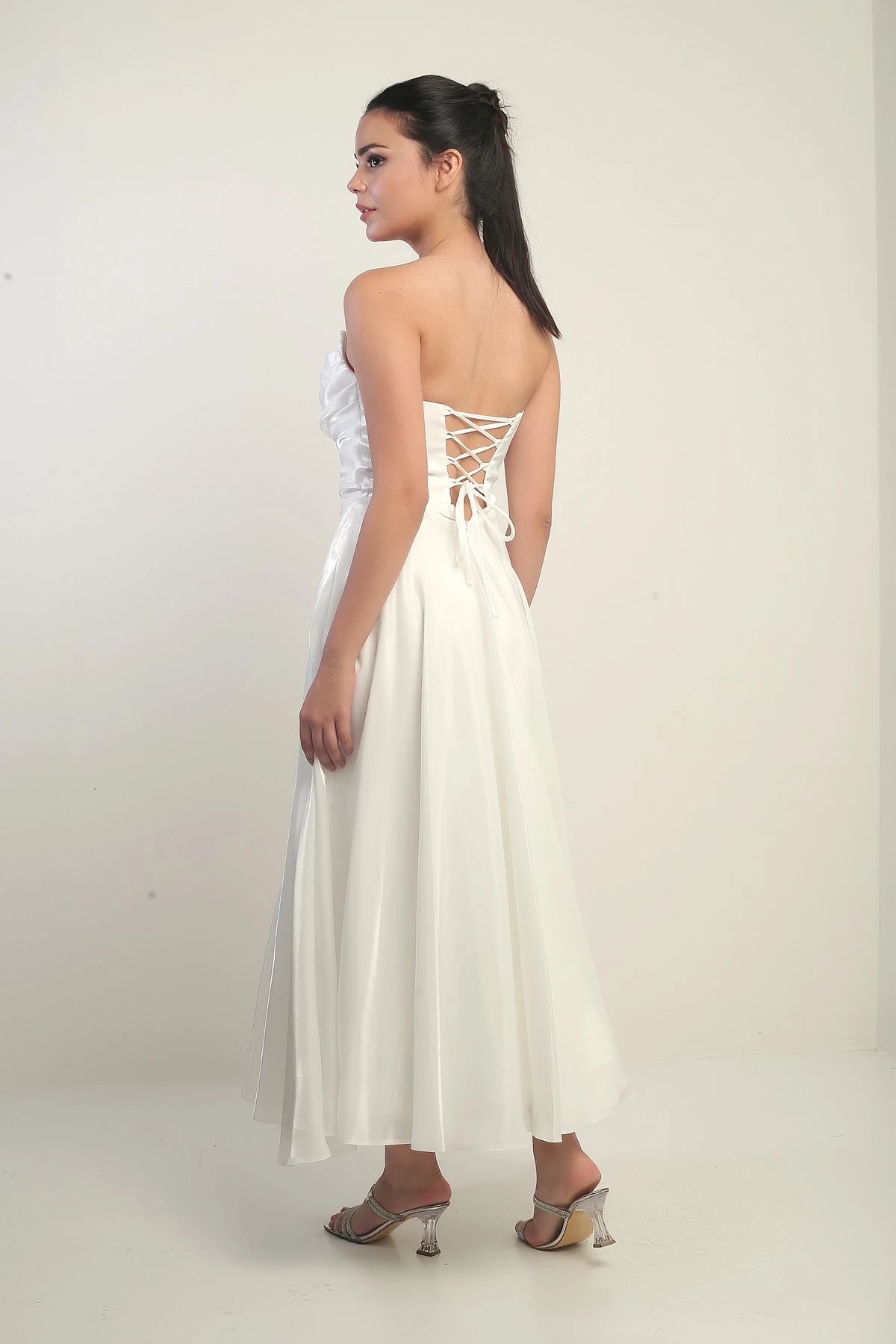 Image of Rochie midi din satin organza, fără bretele, cu decolteu în V pentru femei