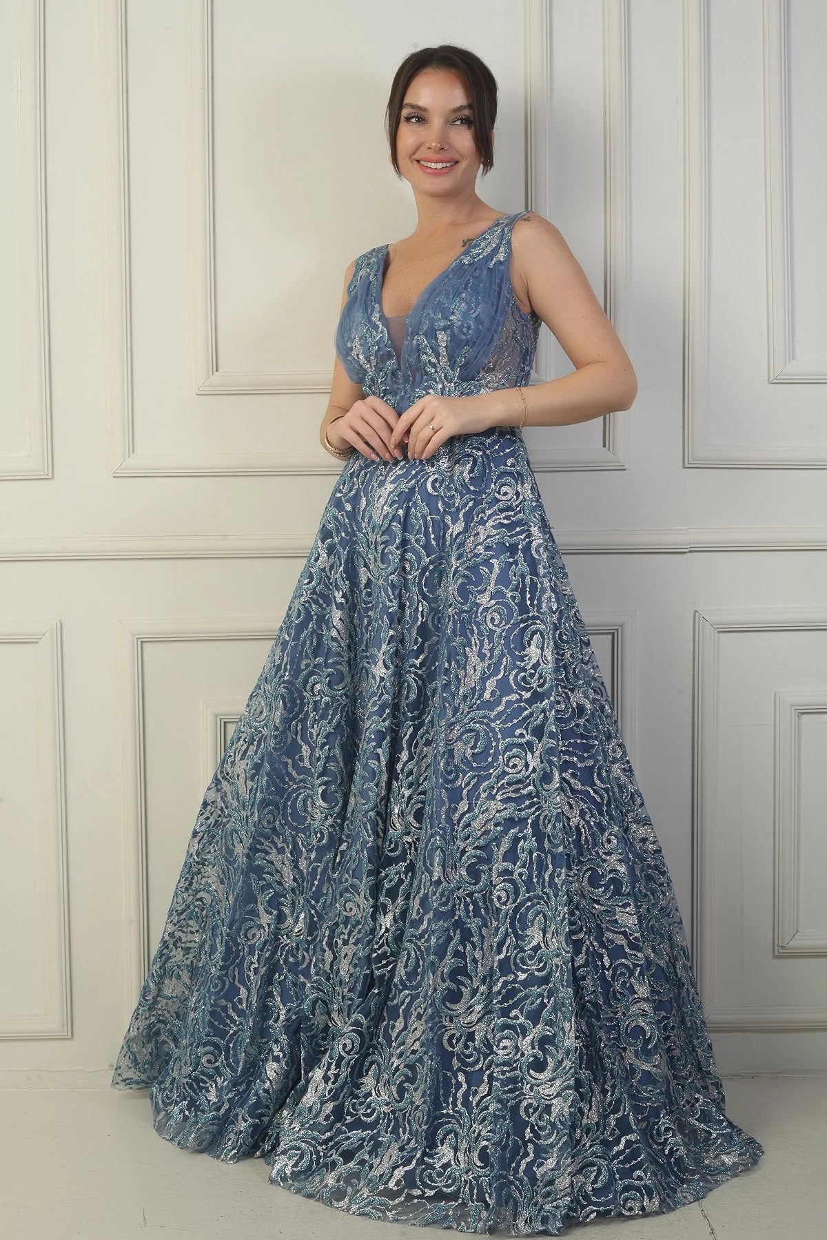 Image of Women's Front and Back V-Neck, Bust Pleat, Back Lace-up, Lined, Glitter Flock Print Long Evening Dress