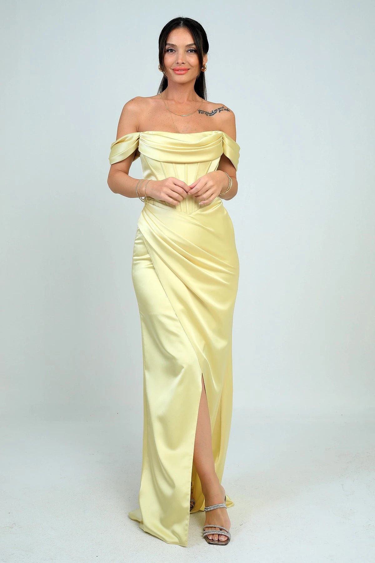 Image of Women's Strapless Low-Sleeve Lined Underwired Satin Long Dress