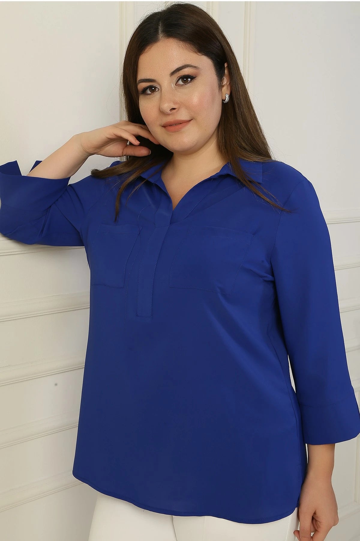 Image of Polo Collar Pocketed Quarter Sleeve BB Blouse