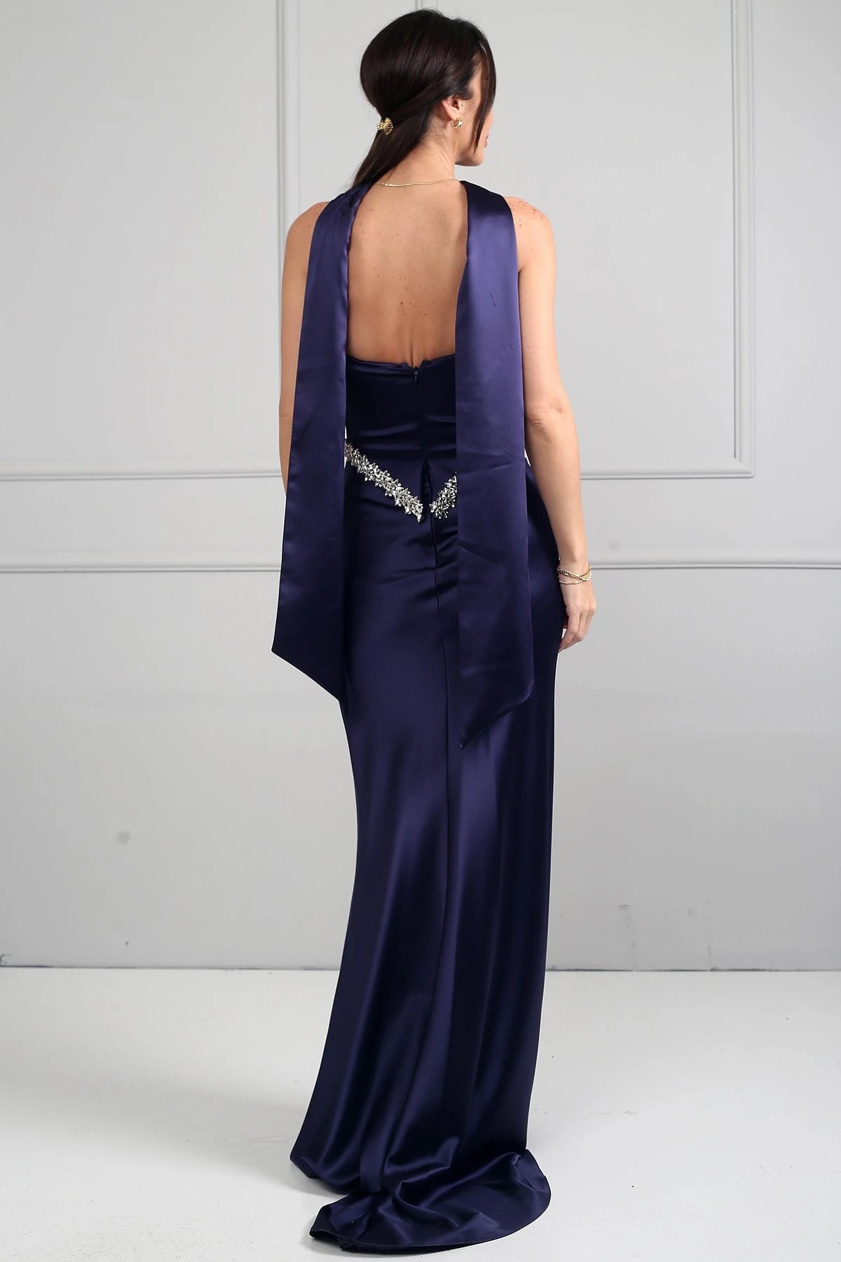 Image of Women's Strapless, Sheer Strap, Lined, Sparkling Stone Detail, Draped Front, Bias-Shaped Skirt Satin Long Dress
