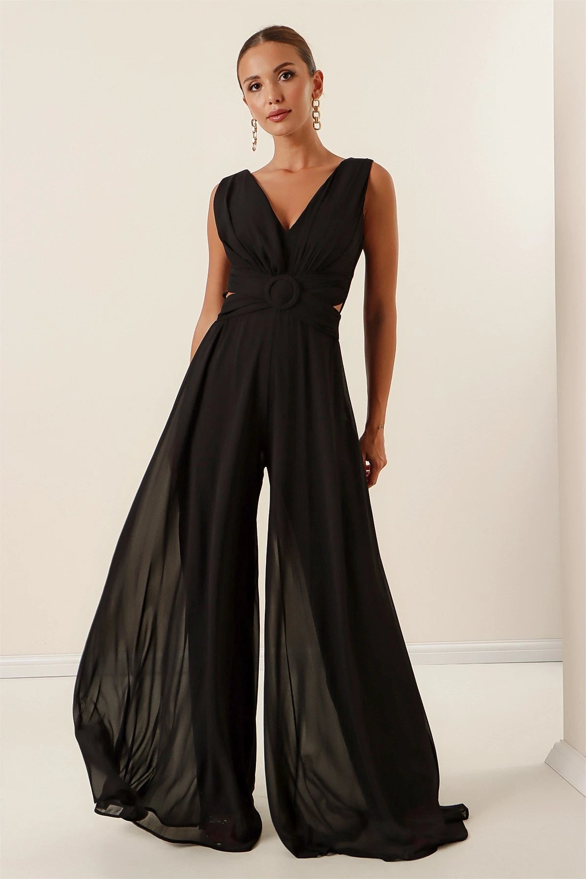 Image of Waist-detailed, front and back V-neck, lined chiffon jumpsuit.