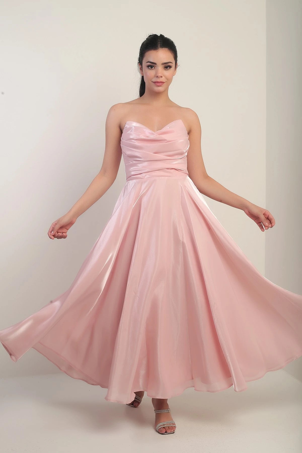 Image of Rochie midi din satin organza, fără bretele, cu decolteu în V pentru femei