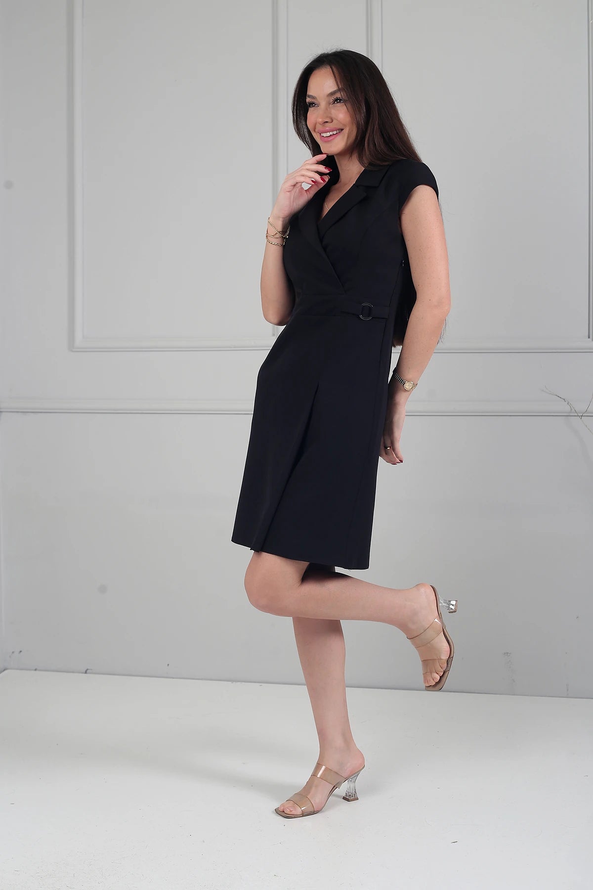 Image of Women's Wrap Neckline Side Buckle Sleeve Lined Short Double Dress