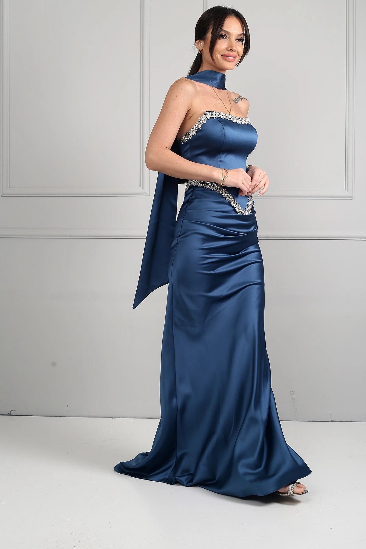 Image of Women's Strapless, Sheer Strap, Lined, Sparkling Stone Detail, Draped Front, Bias-Shaped Skirt Satin Long Dress