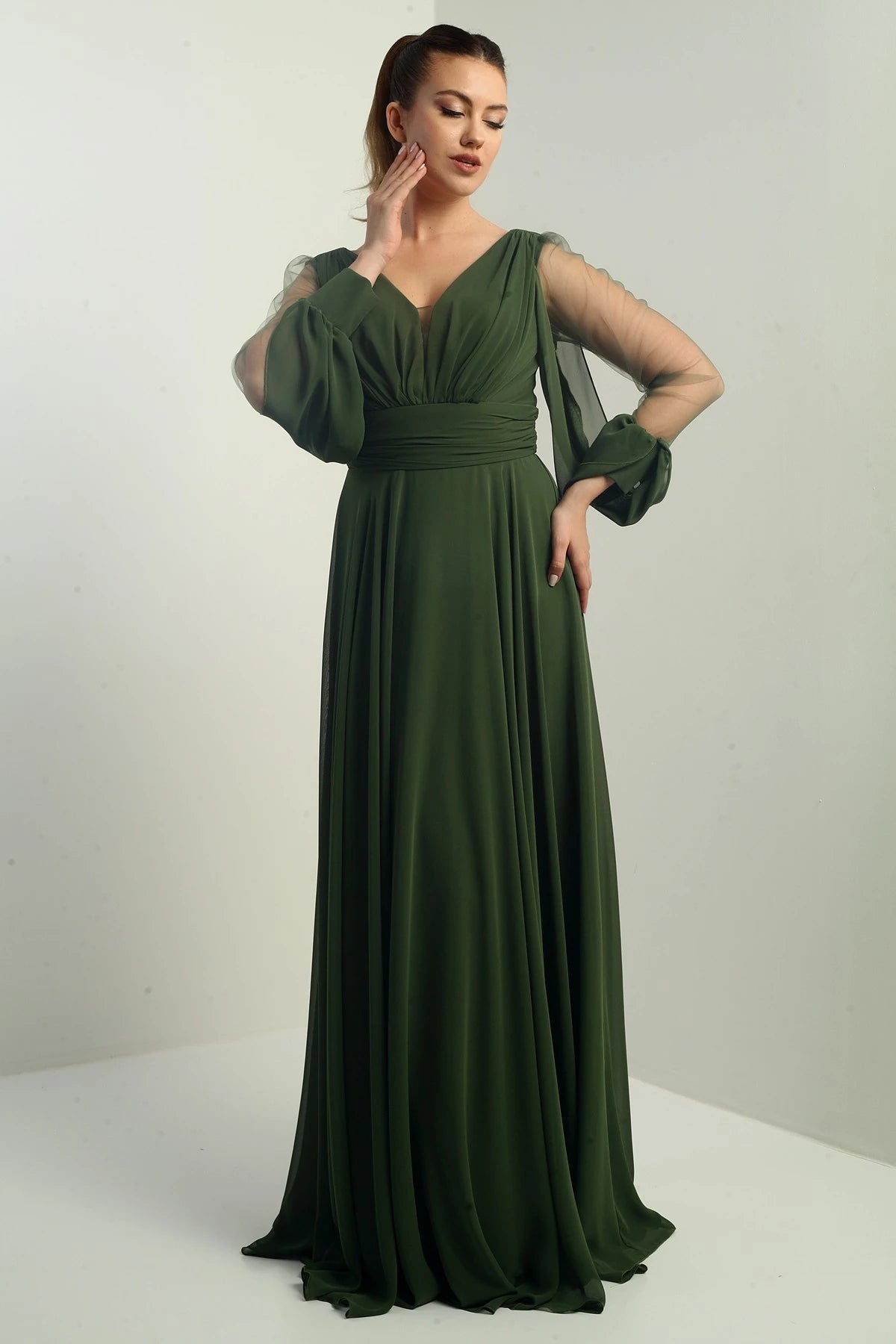 Image of Front and back V-neck, draped front, tulle sleeves, lined, wide-length chiffon dress.