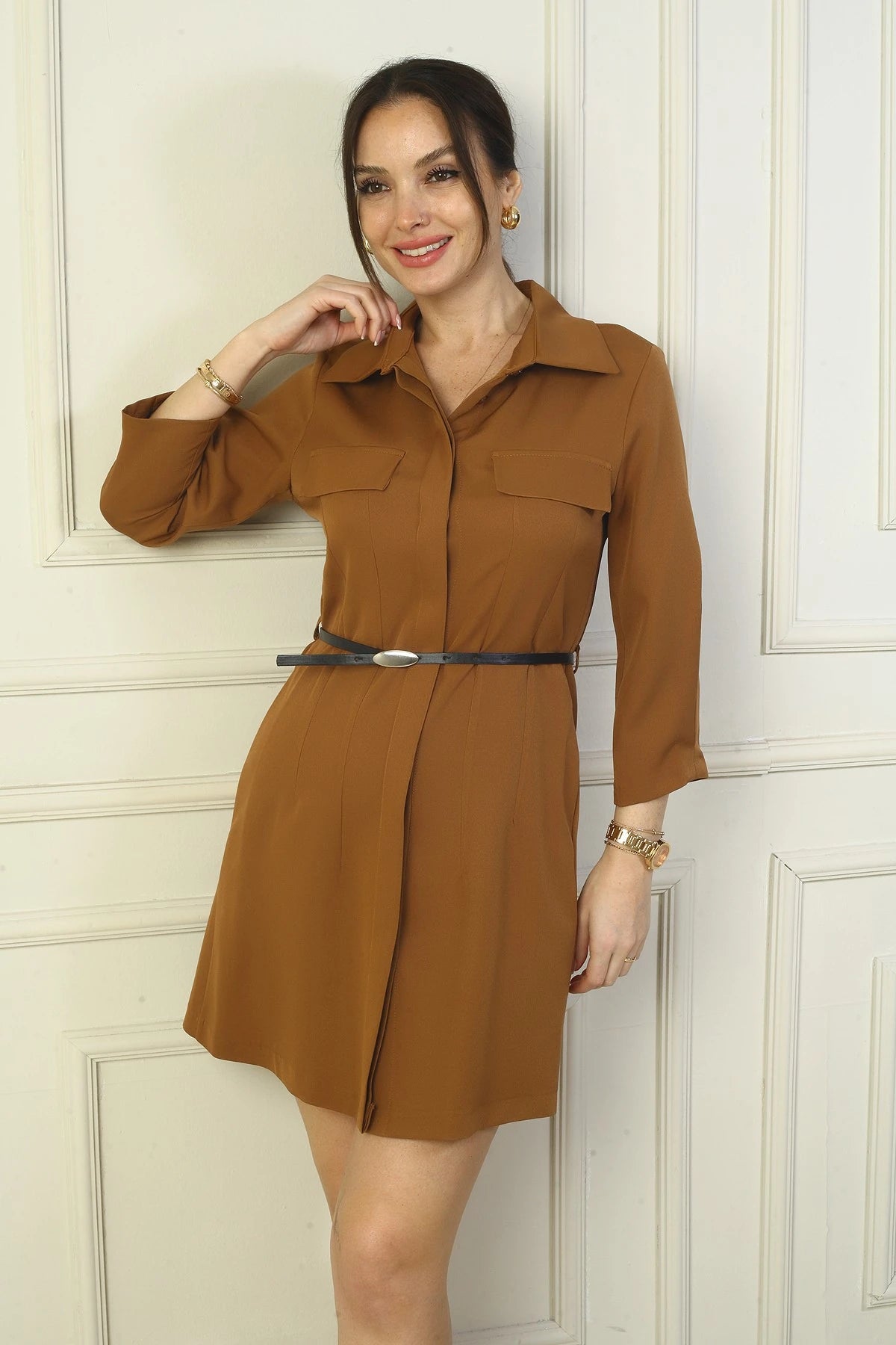 Image of Lycra Double Faux Pocket Shirt Dress
