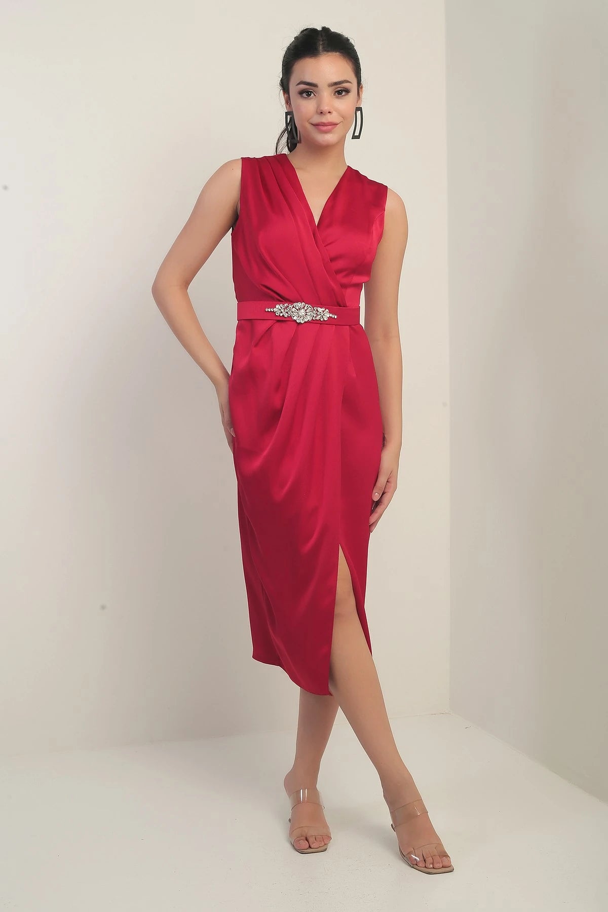 Image of Women's Wrap Neckline Front Pleated Belted Crepe Satin Dress