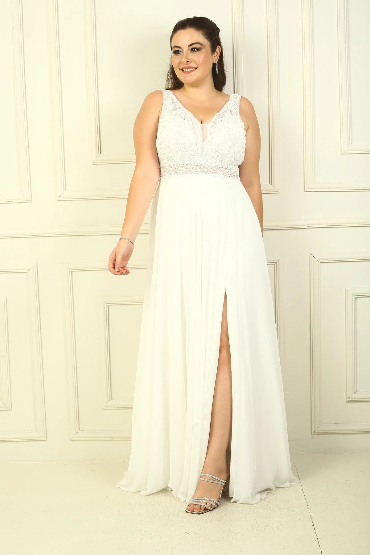 Image of Front and Back V-Neck Top Beaded Floral Motif Lined Long Chiffon Evening Dress