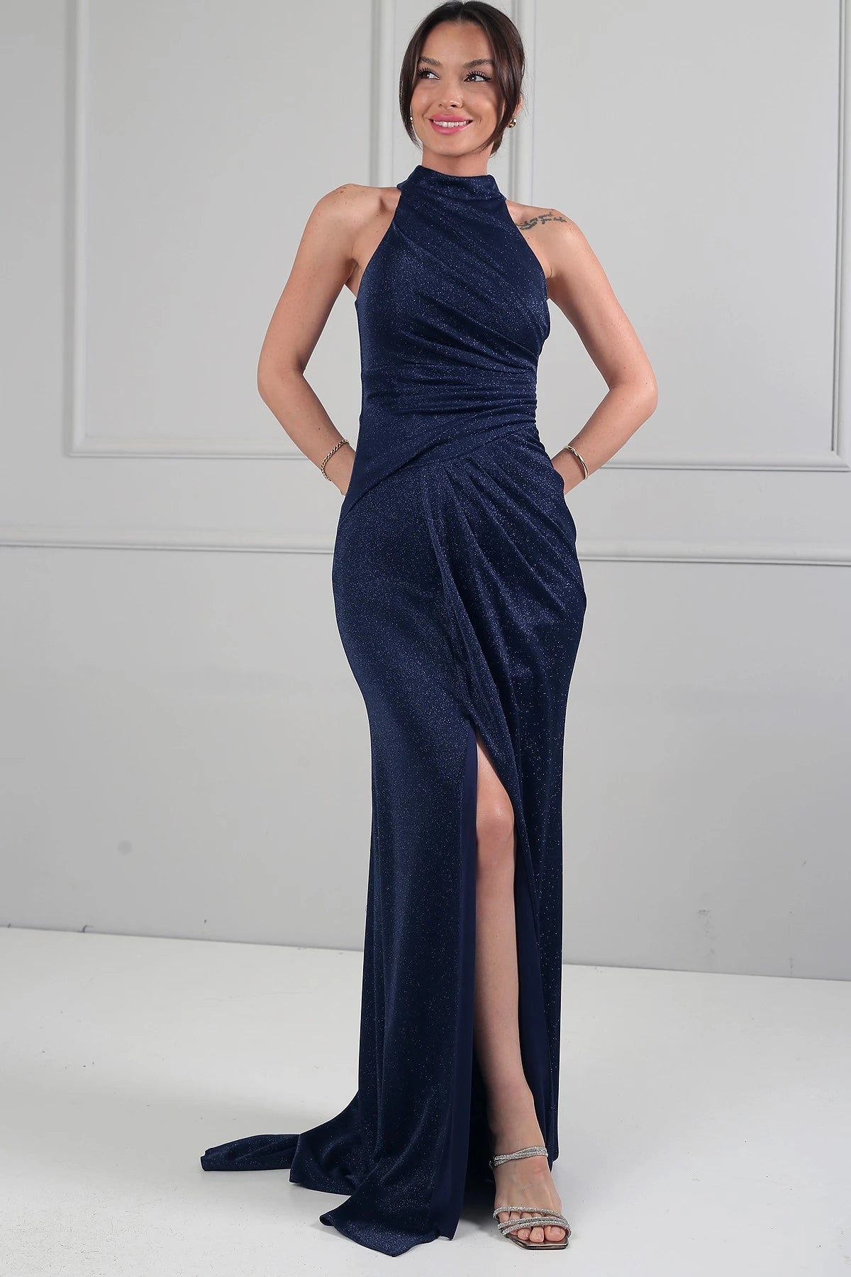Image of Women's Halter Neck Lined Draped Glitter Long Dress