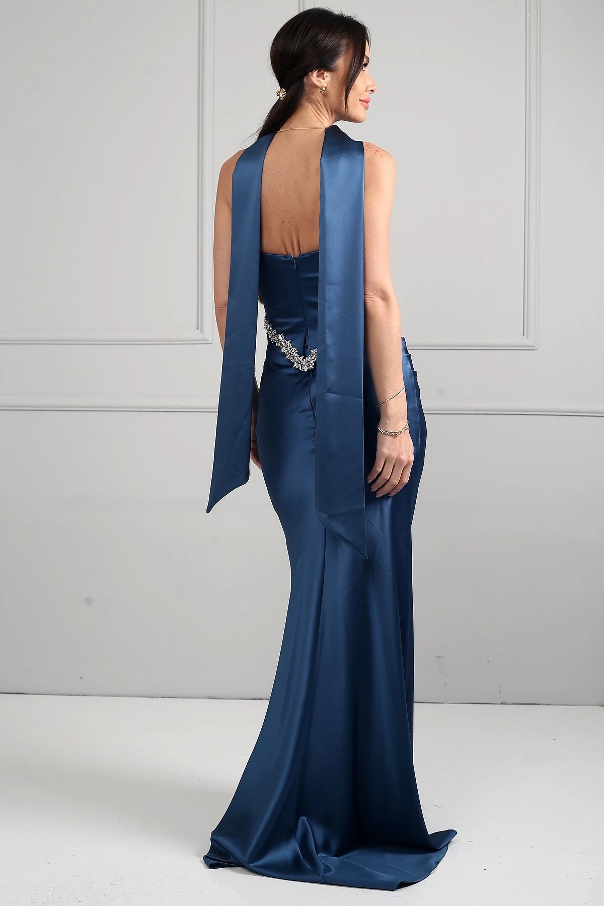 Image of Women's Strapless, Sheer Strap, Lined, Sparkling Stone Detail, Draped Front, Bias-Shaped Skirt Satin Long Dress