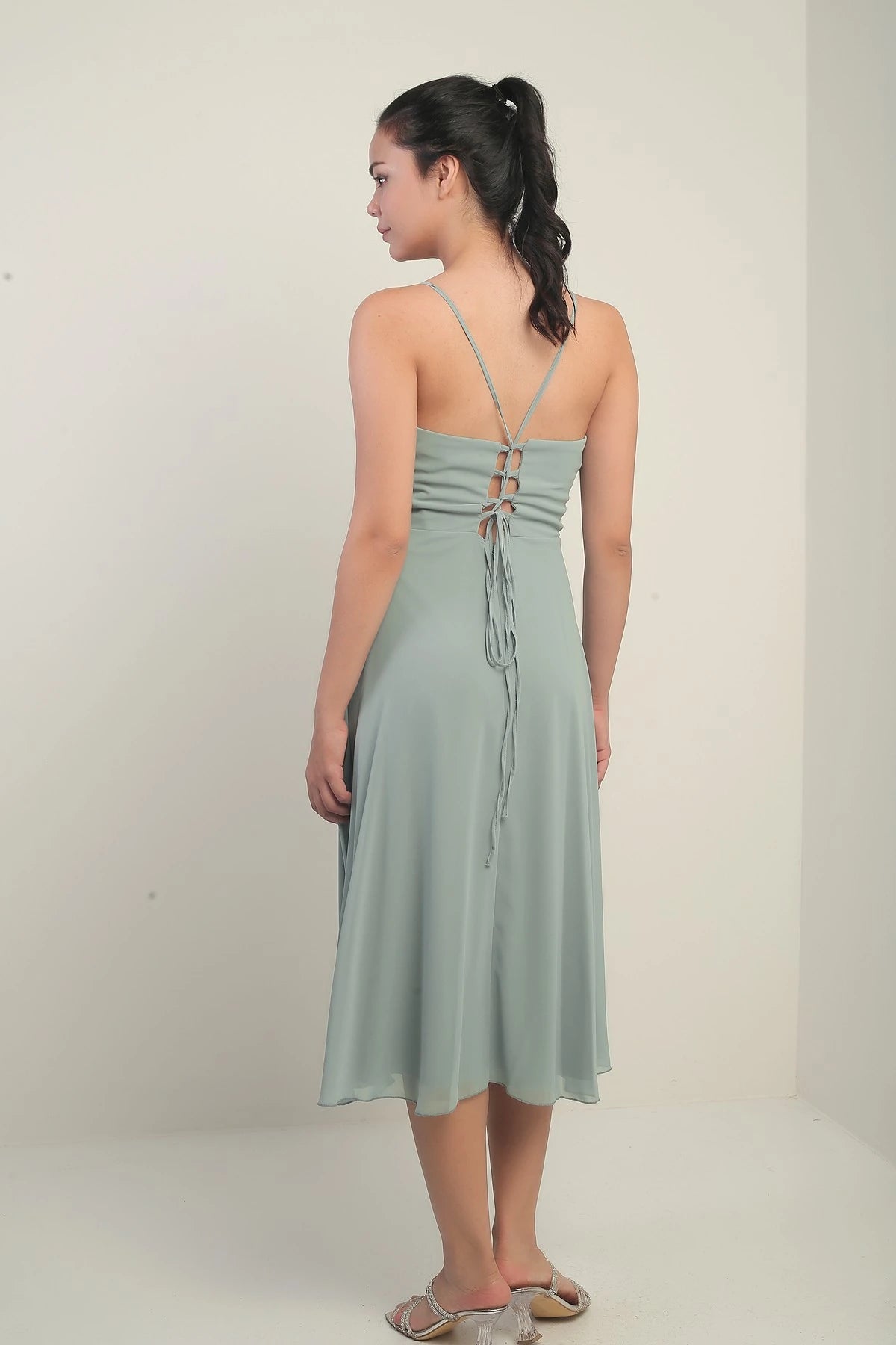 Image of Women's Strappy Wrap Neckline Lined Lace-Up Back Flared Chiffon Dress