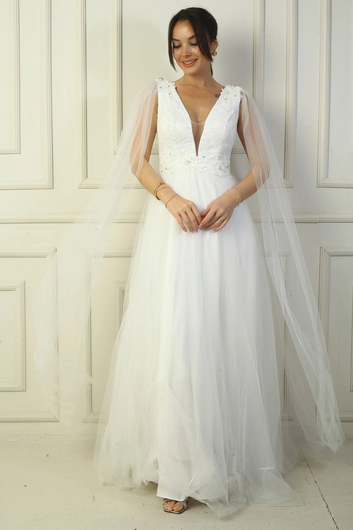 Image of Women's Front and Back V-Neck Long Tulle Evening Dress with Beaded Embellishment and Wide Waistline.