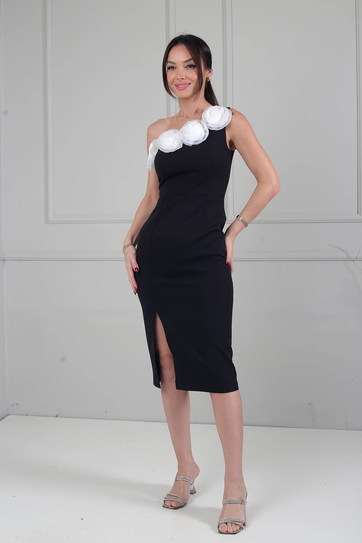 Image of Women's One-Shoulder Crepe Midi Dress with Floral Detail and Front Slit