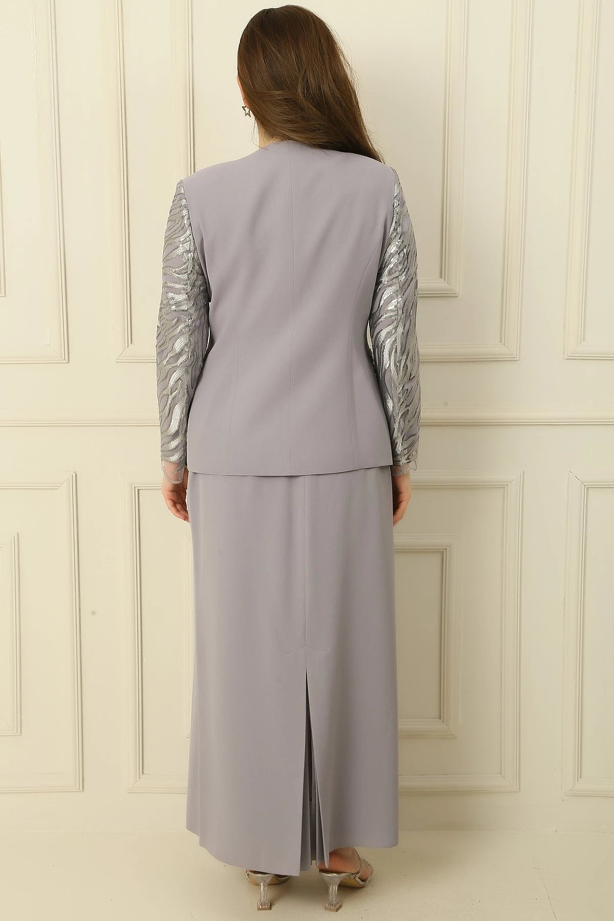 Image of Three-Piece Set: Half-Moon Sleeve Blouse, Sequin Embroidered Jacket and Skirt with Bead Details, Lined, Plus Size.