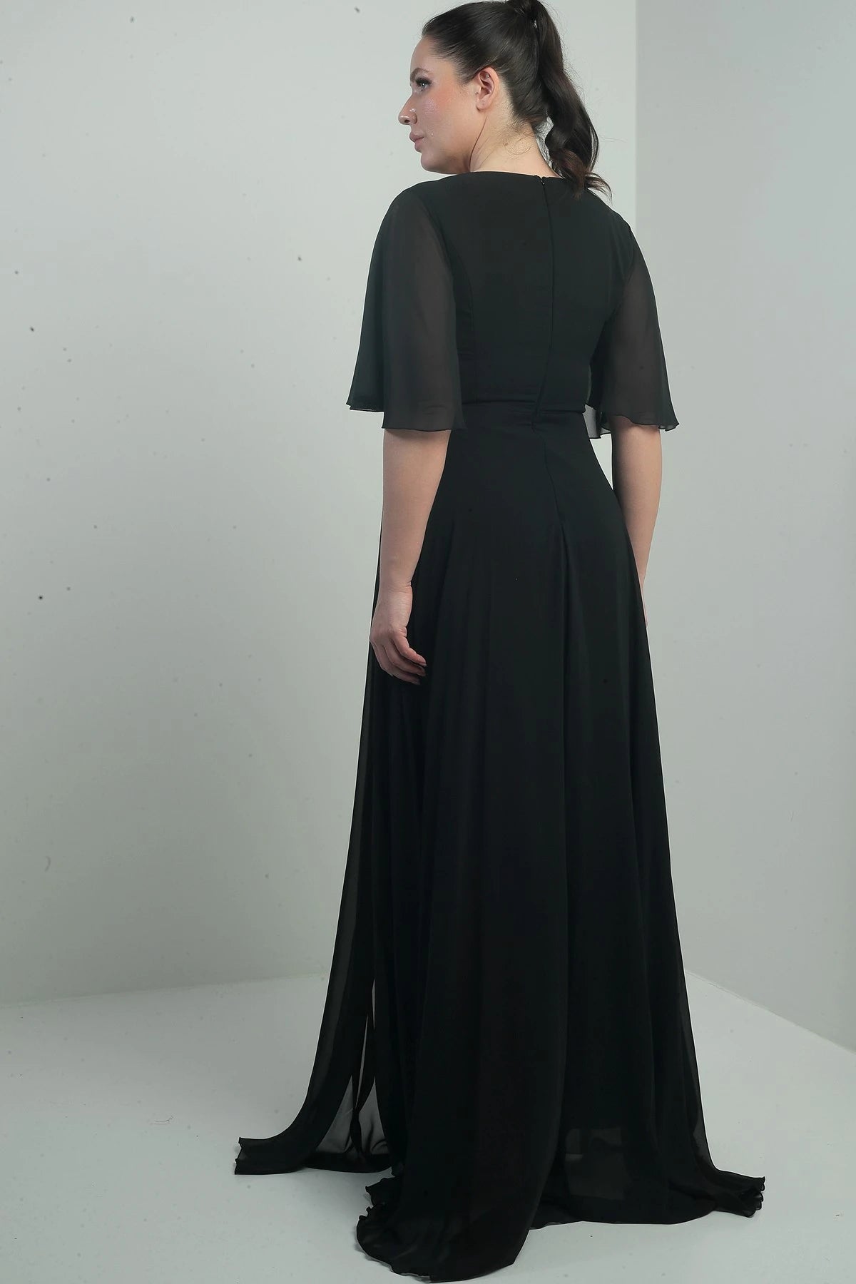 Image of Women's V-Neck, Waistband with Stone Embellishment, Draped, Lined, Plus Size Long Chiffon Dress