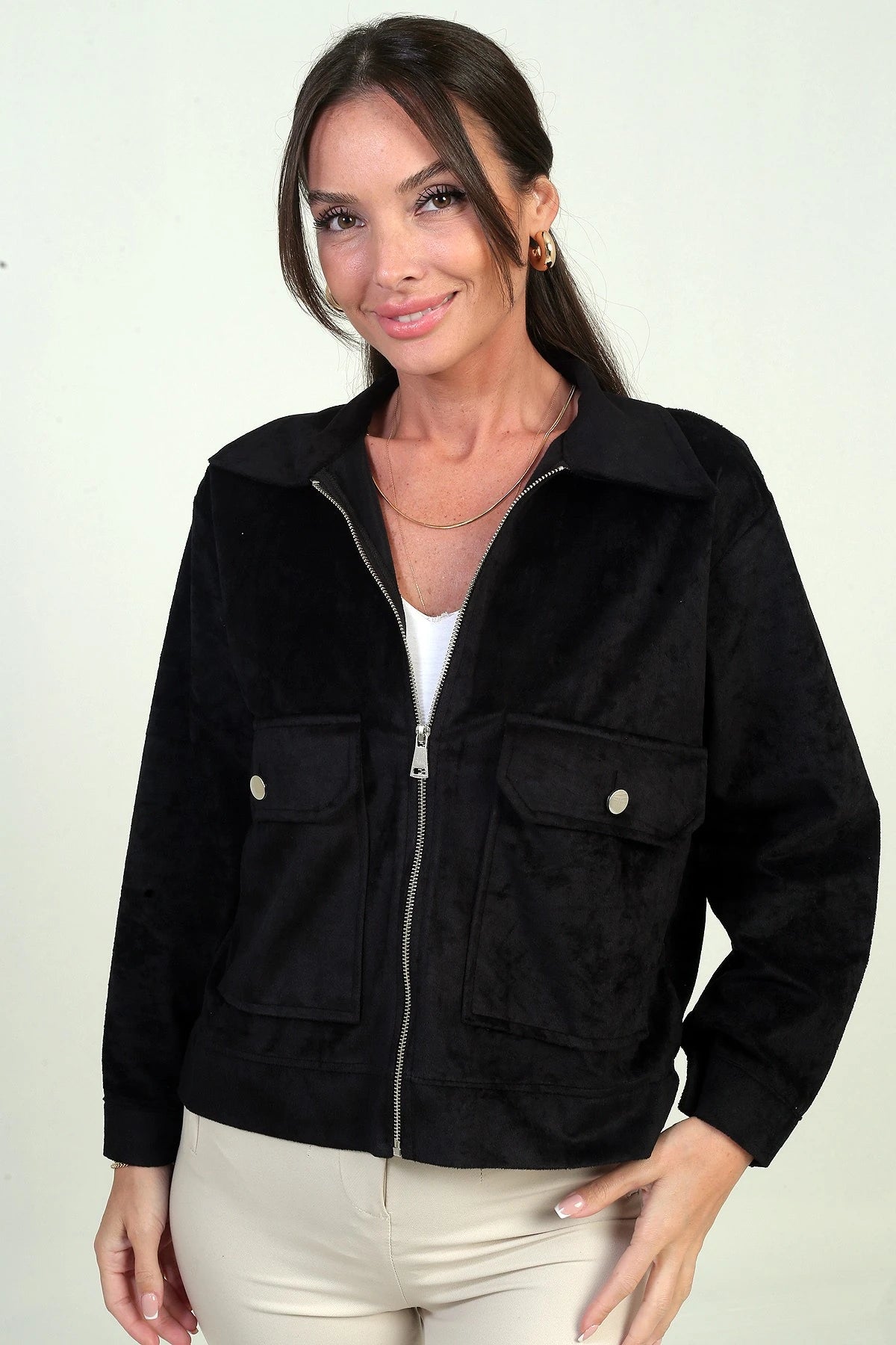 Image of Women's Suede Jacket with Patch Pockets and Zip Front