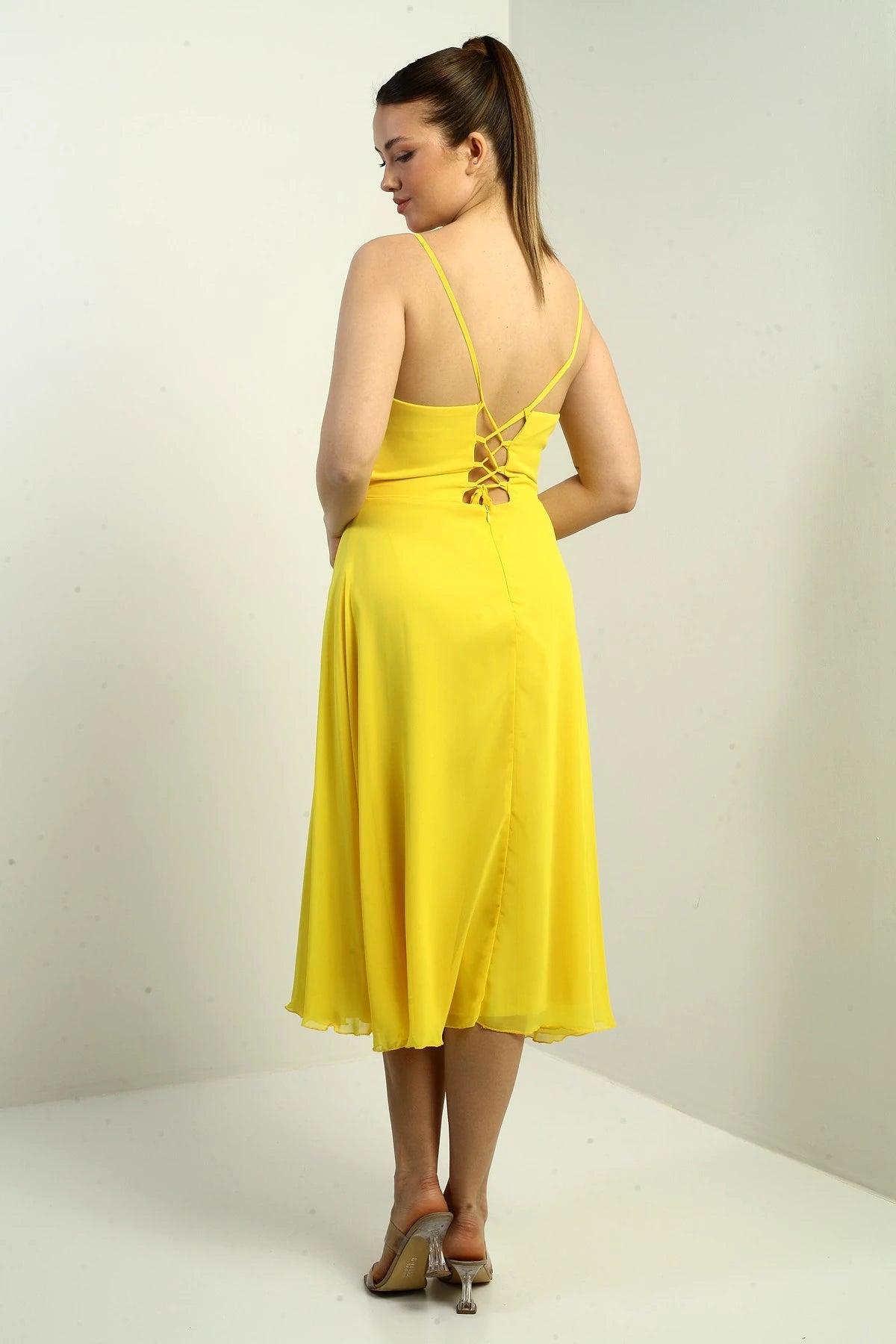 Image of Women's Strappy Wrap Neckline Lined Lace-Up Back Flared Chiffon Dress