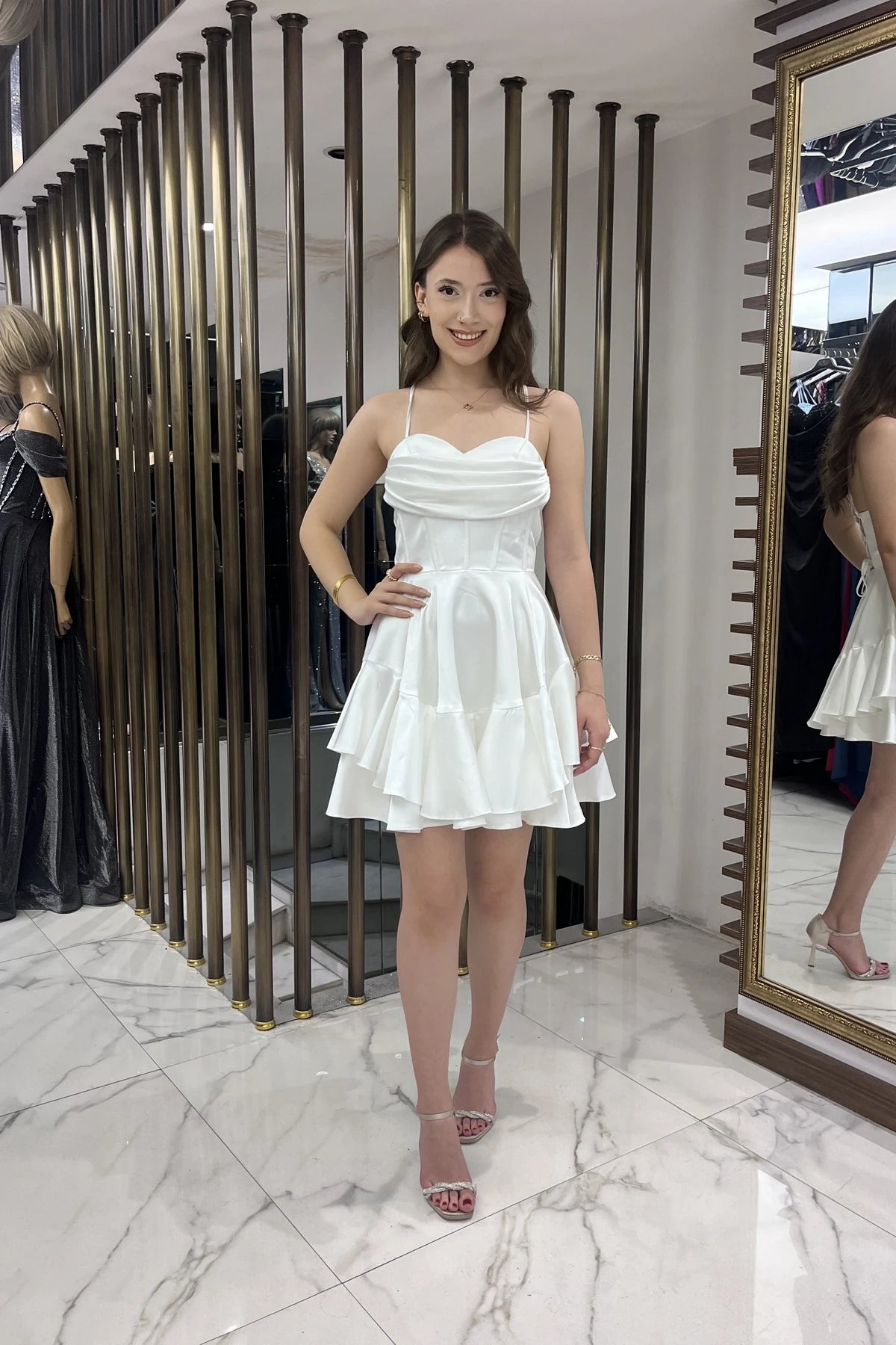 Image of Women's Strappy Back Tie Underwired Short Satin Dress with Layered Lining