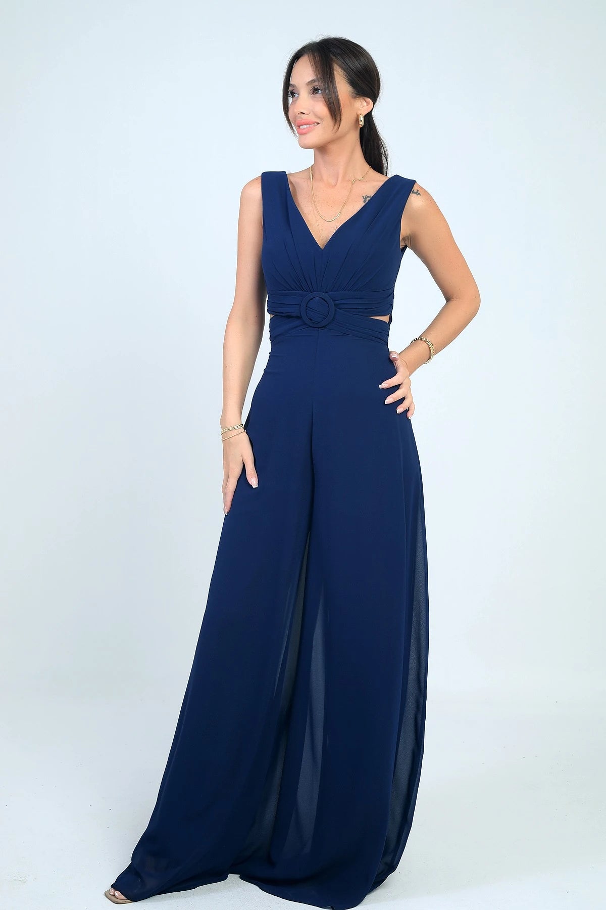 Image of Waist-detailed, front and back V-neck, lined chiffon jumpsuit.