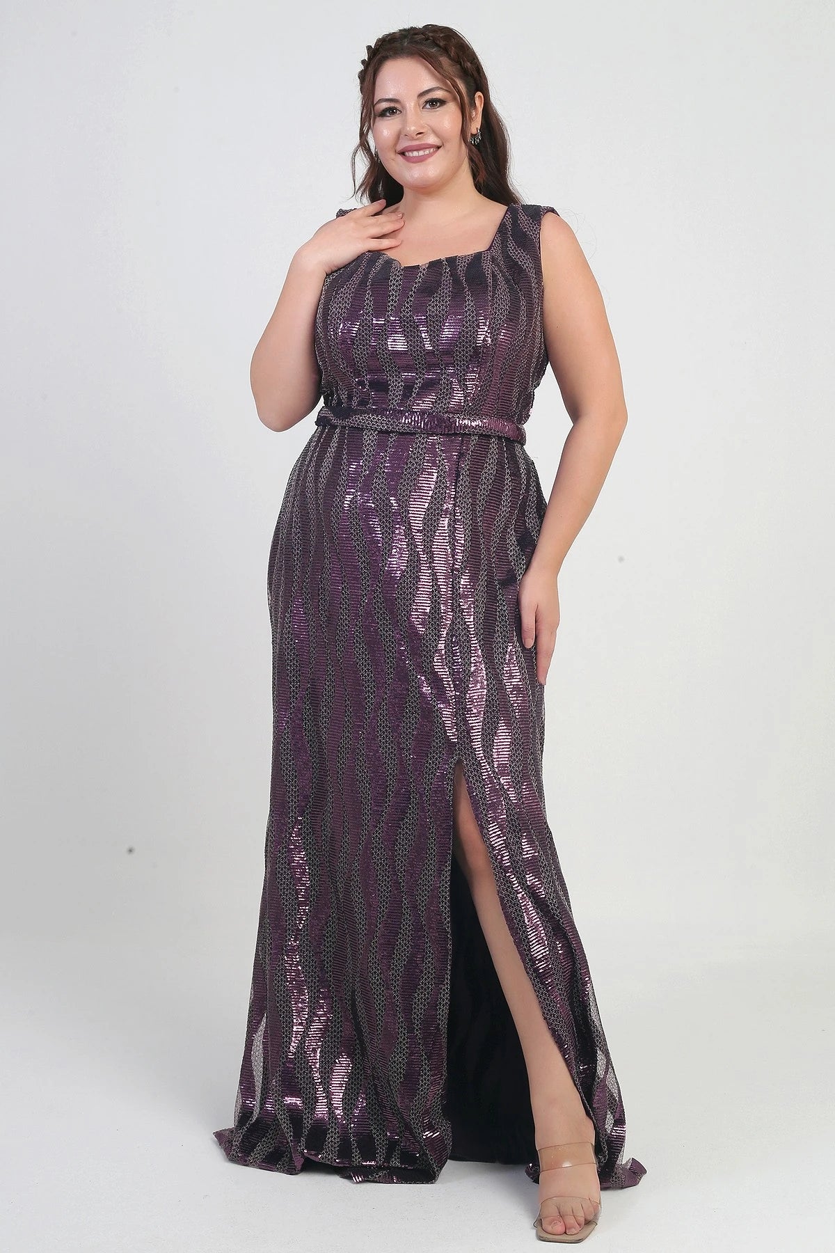 Image of Women's Square Neck Lined Sequin Plus Size Long Dress