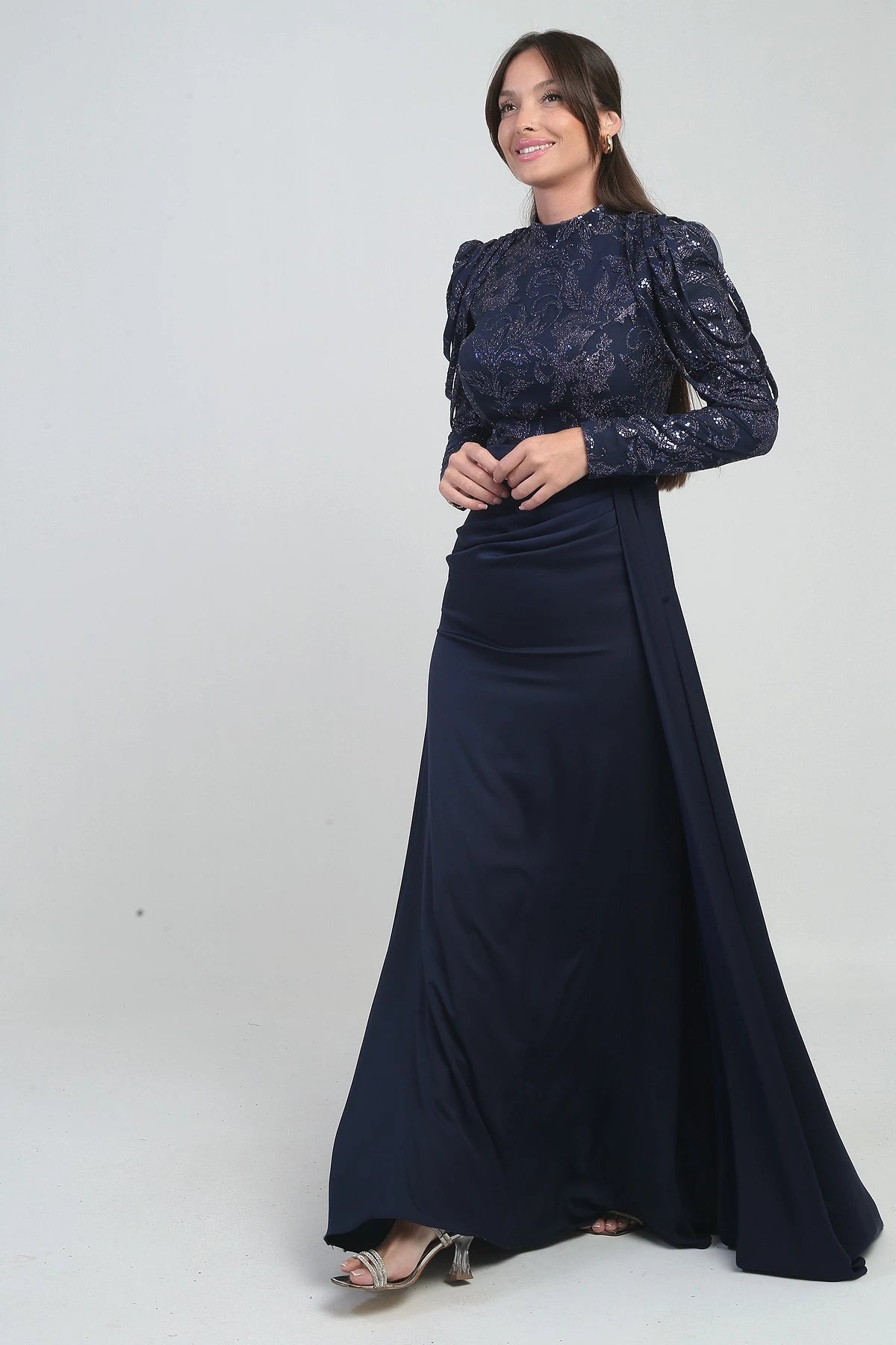 Image of Women's Long Chiffon Dress with Sequin and Glitter Detail on Top and Gathered Skirt, Lined