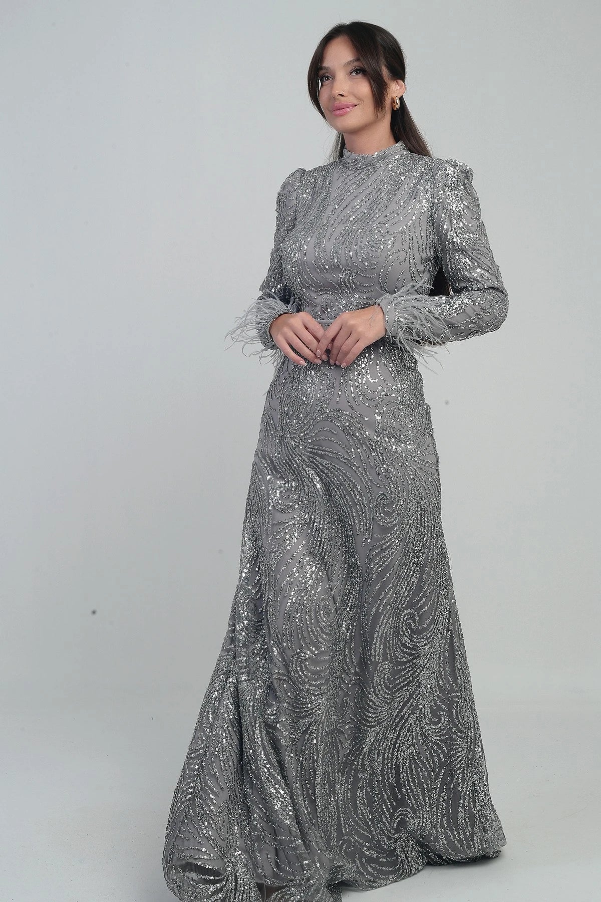 Image of Women's Long Tulle Dress with Feathered Sleeves, Beads and Sequins, and Lining