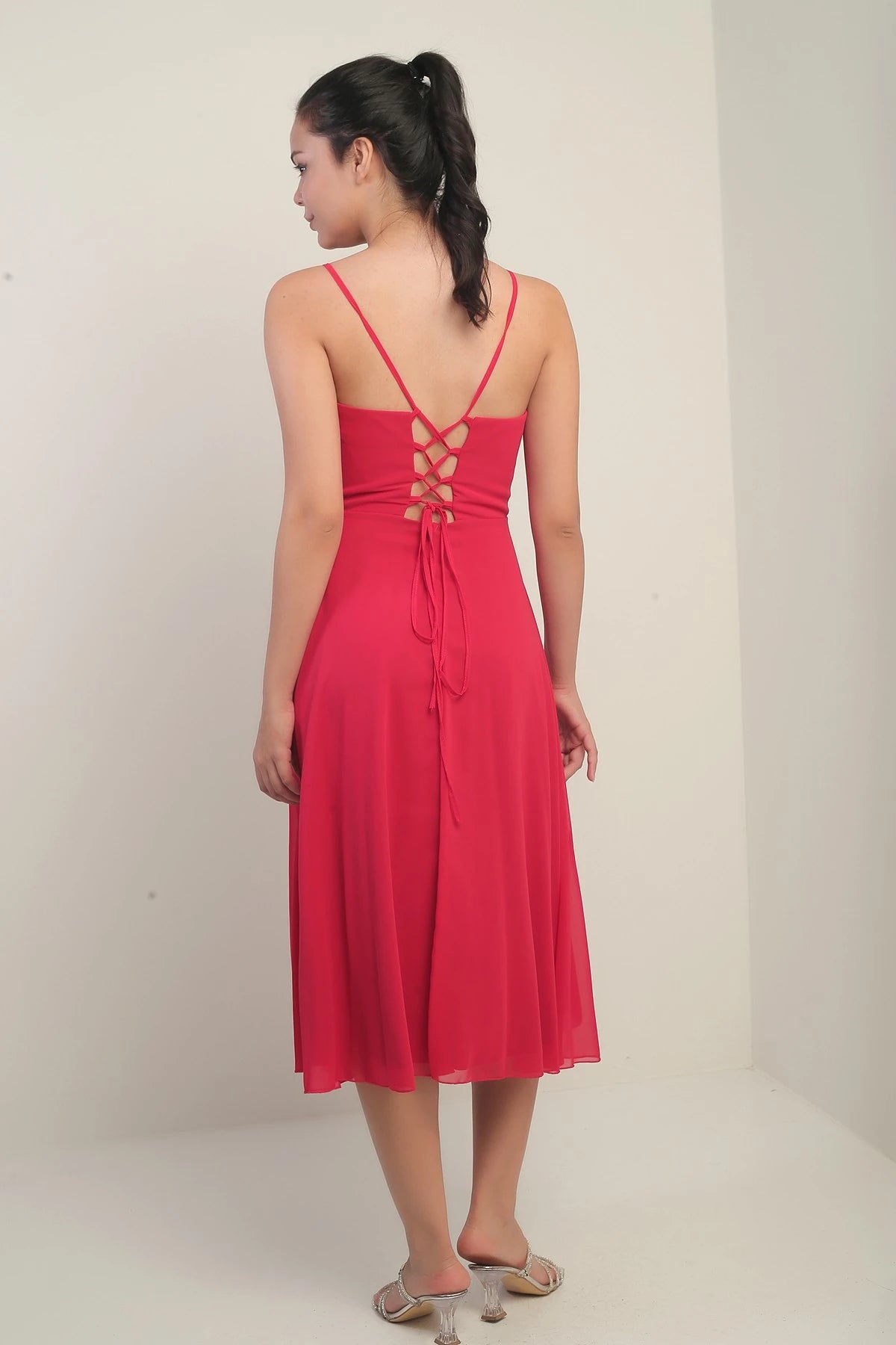 Image of Women's Strappy Wrap Neckline Lined Lace-Up Back Flared Chiffon Dress