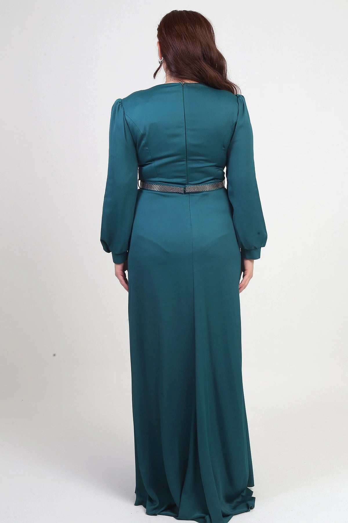 Image of Women's Wrap-Neck Look Pleated Lined Long Satin BB Dress