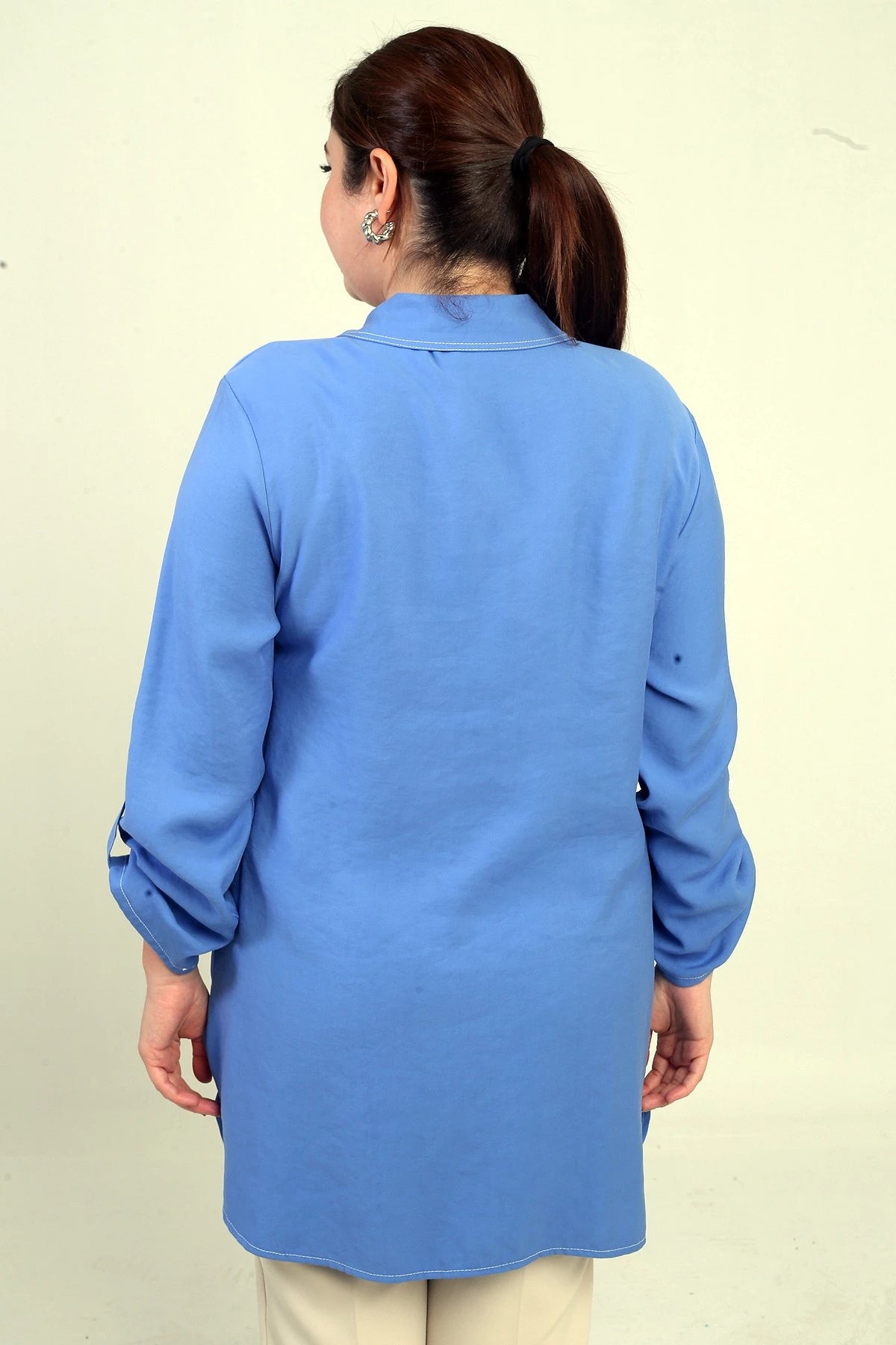 Image of Women's Eyelet Mesh Plus Size Long Shirt with Folded Sleeves