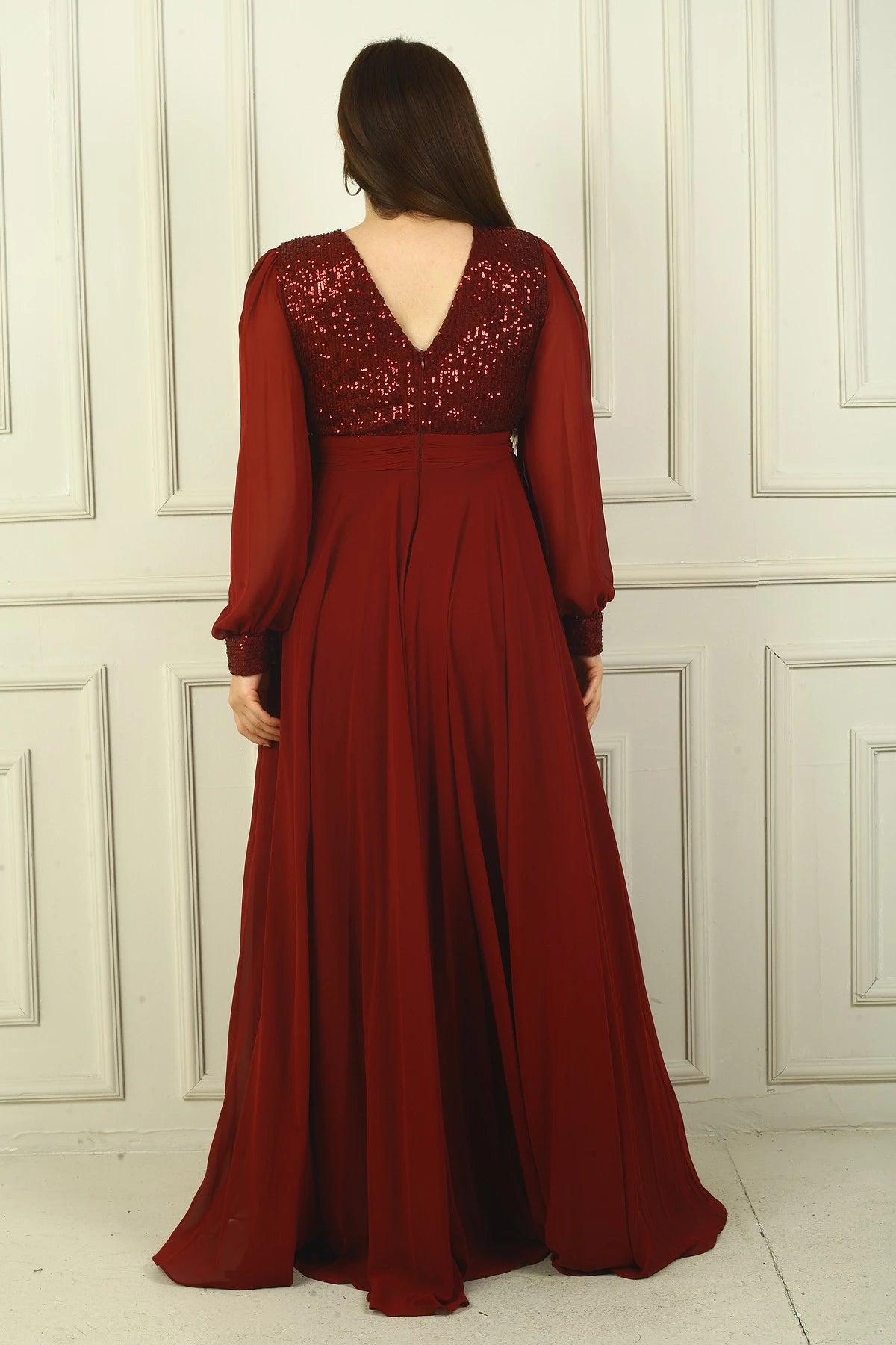 Image of Women's Front and Back V-Neck Sequined Lined Plus Size Long Chiffon Evening Dress