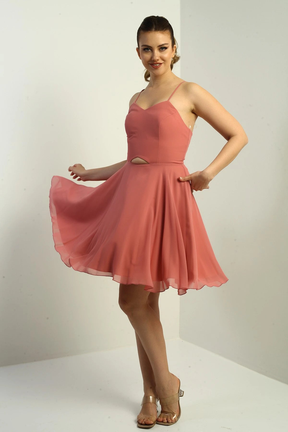 Image of Women's Strappy, Back-Tie, Front-Opening, Lined Chiffon Short Flared Dress
