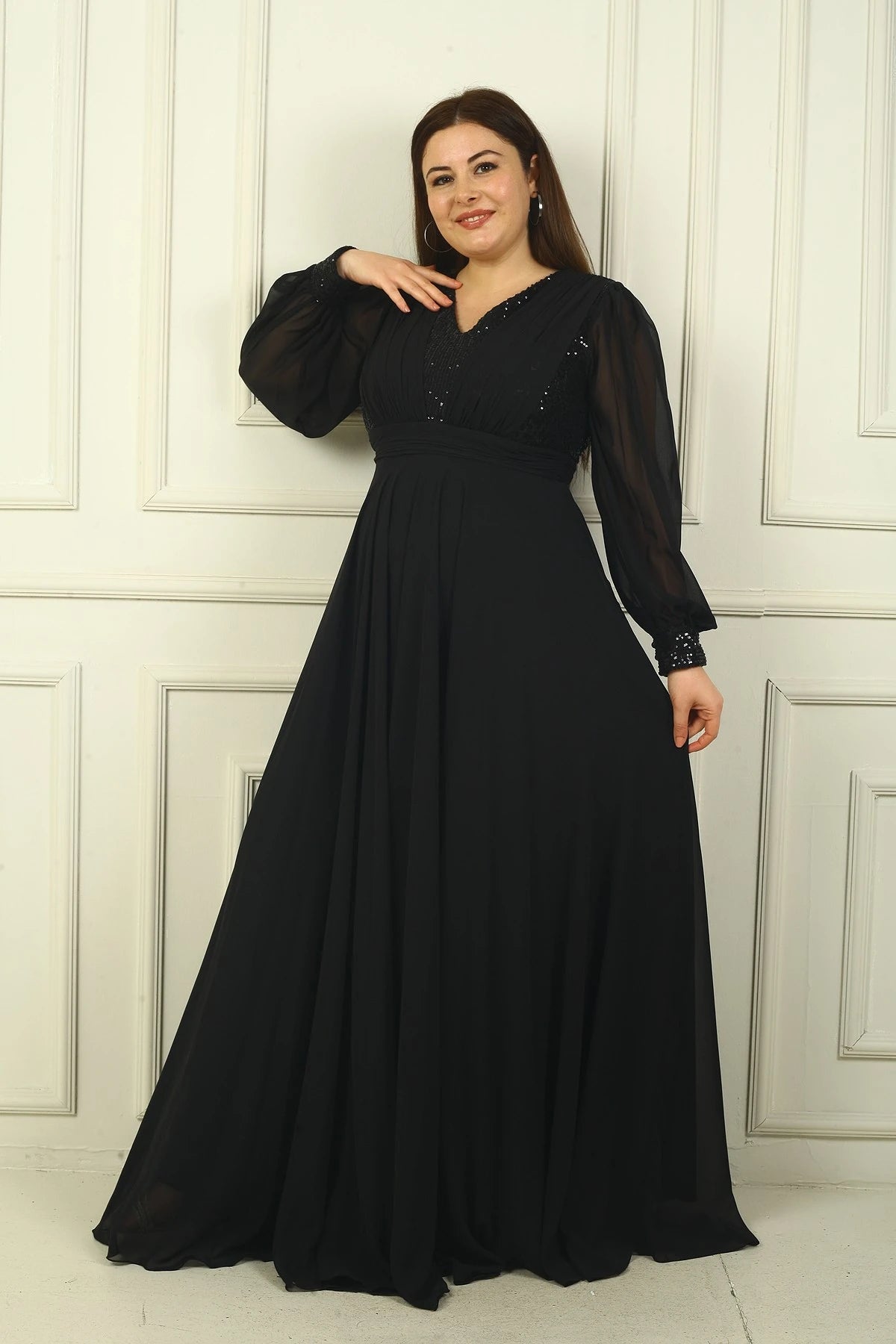Image of Women's Front and Back V-Neck Sequined Lined Plus Size Long Chiffon Evening Dress
