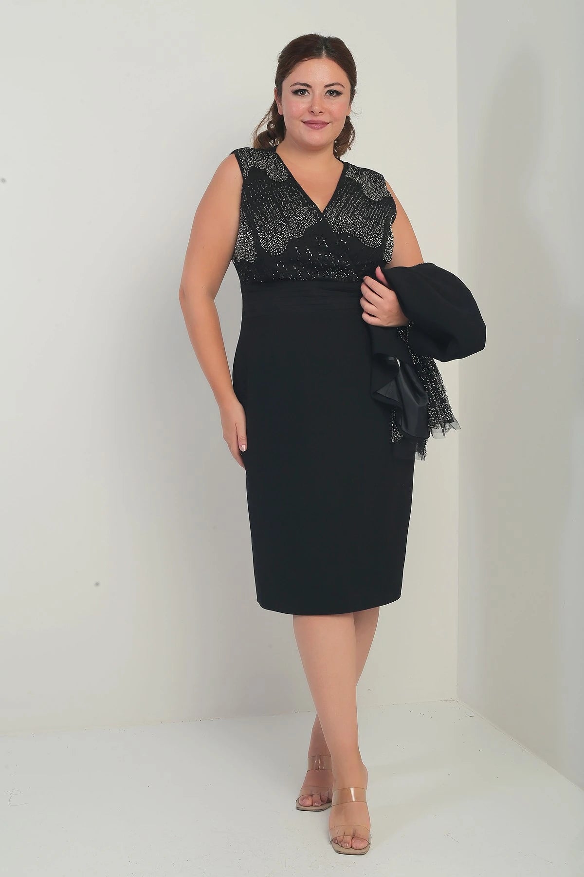 Image of Women's Wrap Neckline Draped Waist Dress with Tulle Sleeves, Lined Jacket with Sequin Details, Plus Size Two-Piece Set
