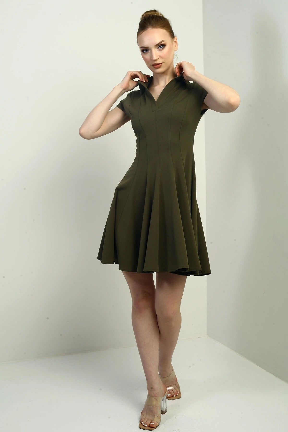 Image of Women's Polo Collar Long Sleeve Lycra Flared Short Dress
