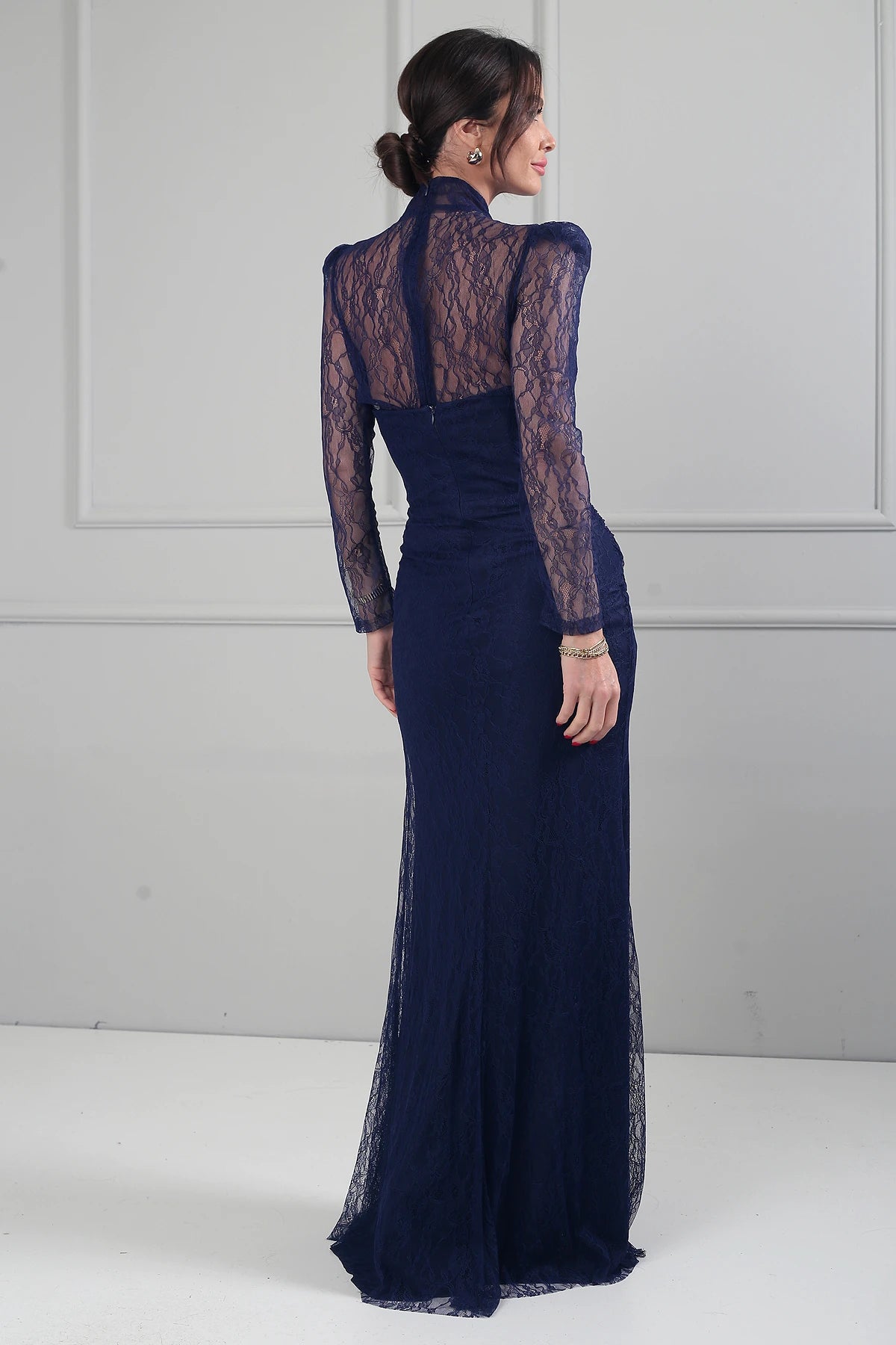 Image of Kadın 3 Parçalı Tasarım Abiye Straplez Önü Büzgülü Astarlı Uzun Elbise Dik Yaka Dantel Bluz