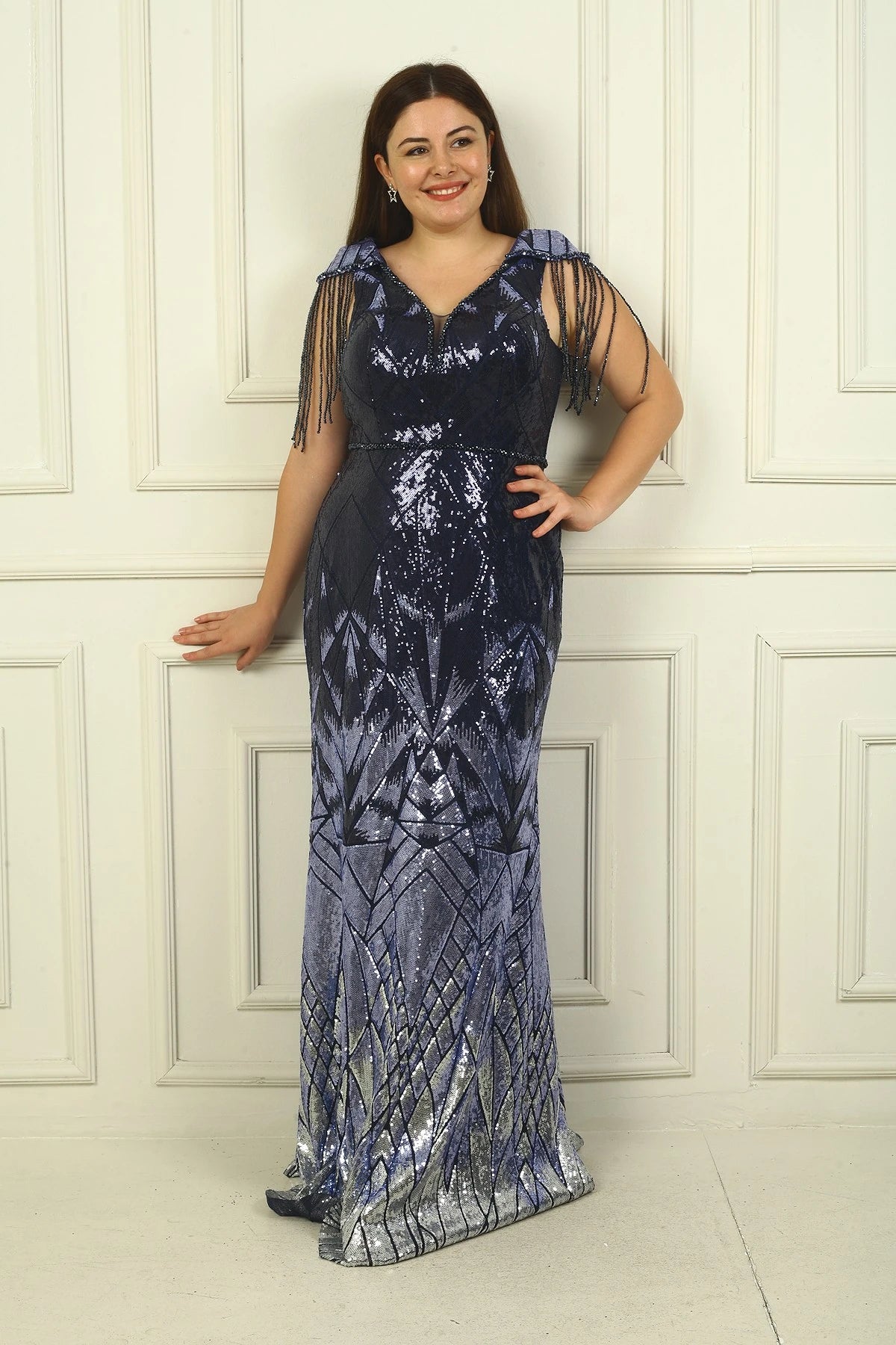 Image of Long BB Sequin Evening Dress with Beaded Tassel Sleeves and Lining