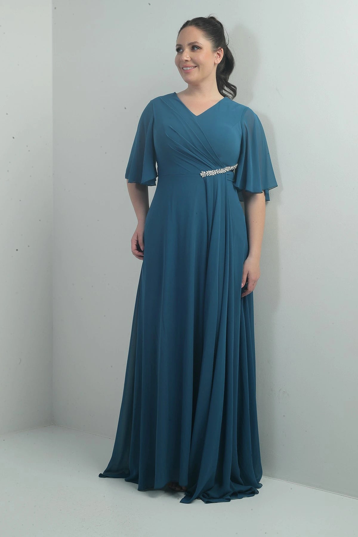 Image of Women's V-Neck, Waistband with Stone Embellishment, Draped, Lined, Plus Size Long Chiffon Dress