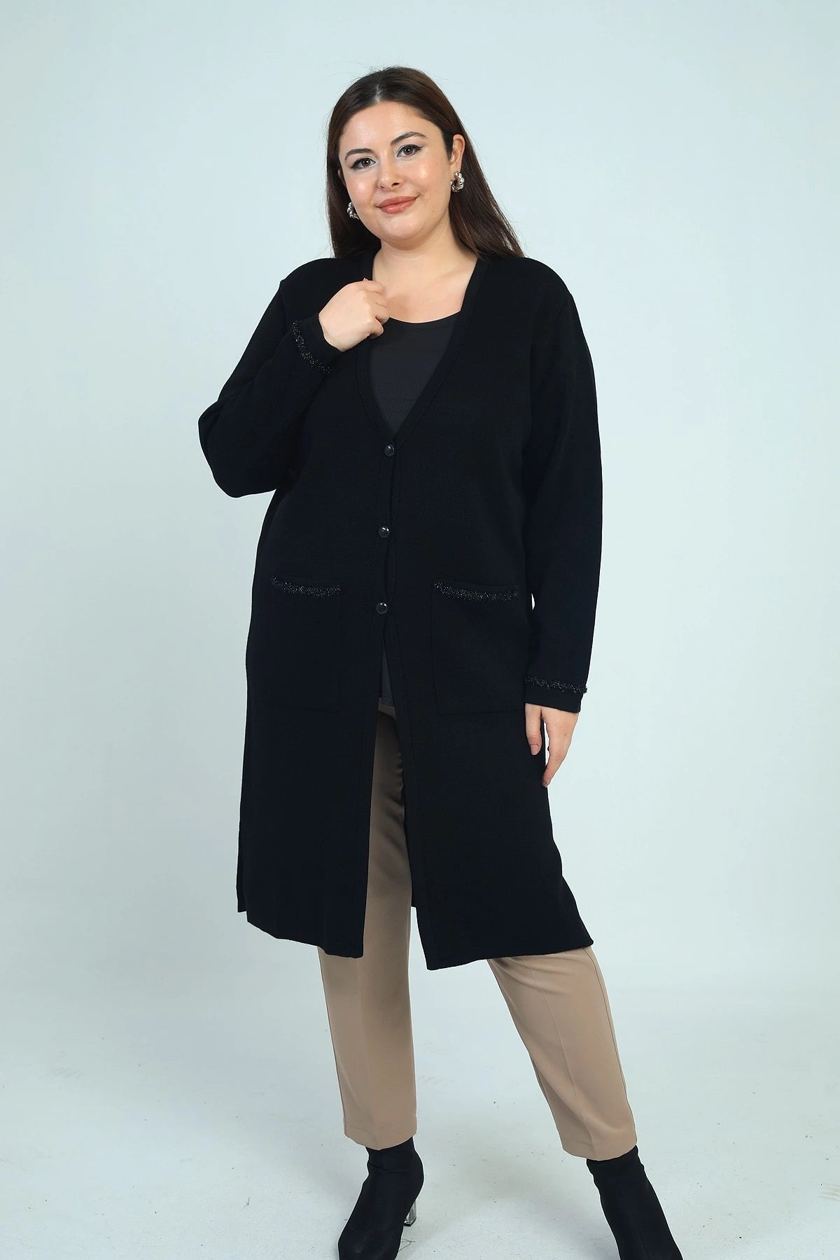 Image of Women's Plus Size Long Knit Cardigan with Pockets and Stripe Detail