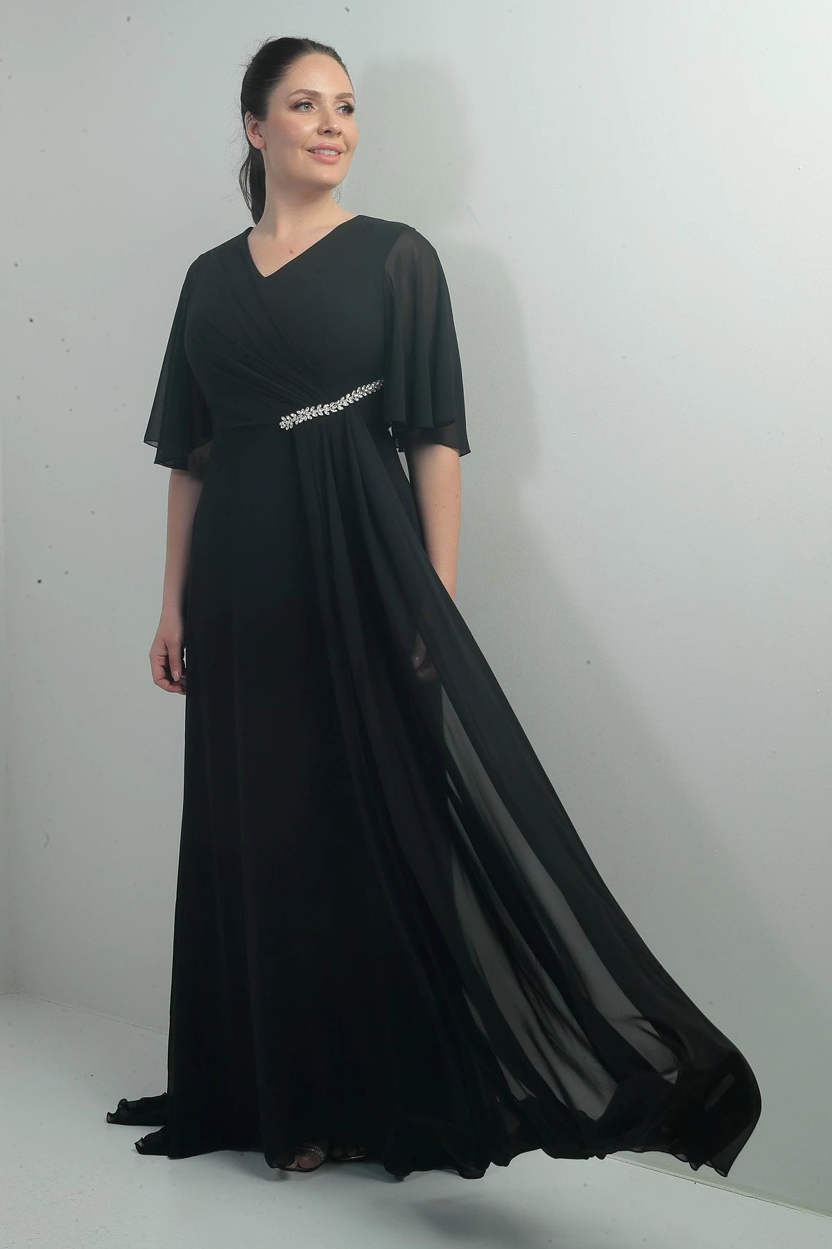 Image of Women's V-Neck, Waistband with Stone Embellishment, Draped, Lined, Plus Size Long Chiffon Dress