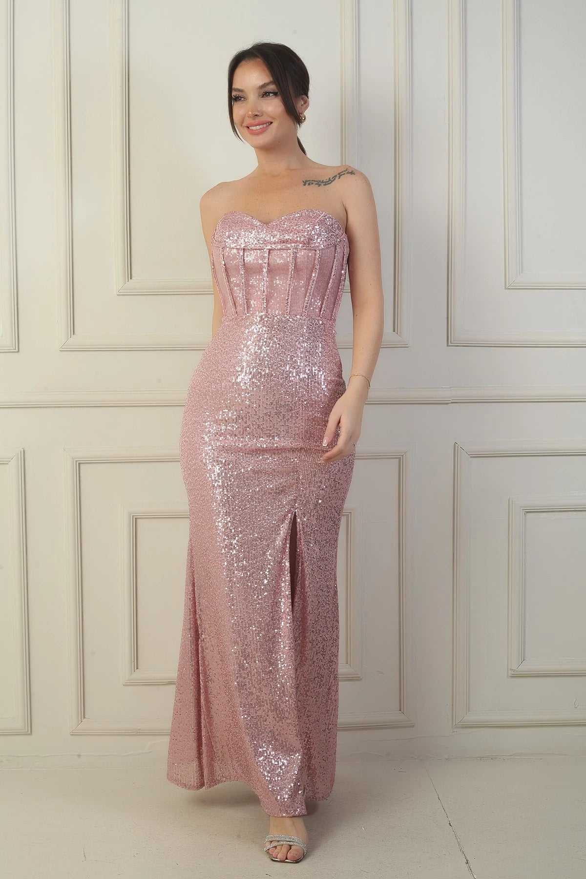 Image of Women's Strapless Underwired Back Lace-up Lined Slit Sequin Long Dress